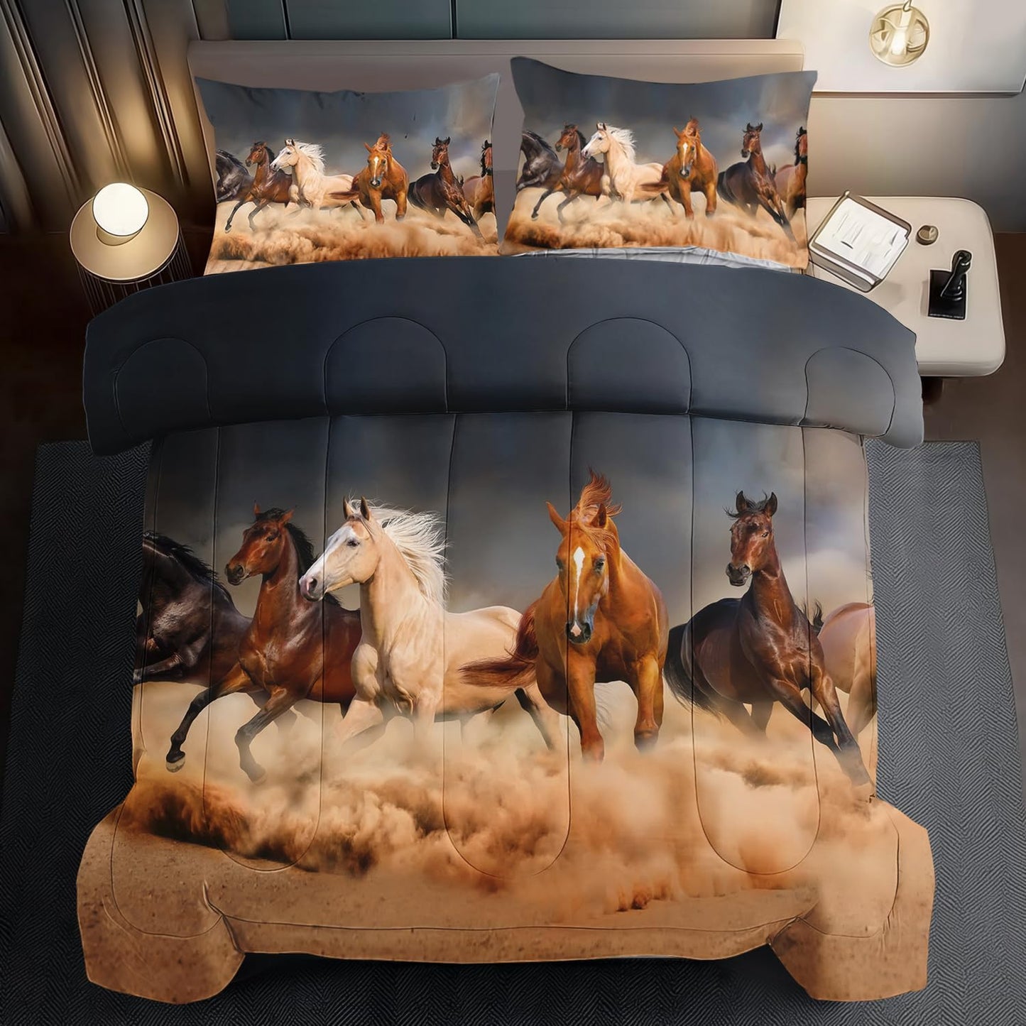 Western Horse Comforter Set King for Boys,Brown Western Cowboy Bedding Sets King Size, Farm Style Animal Horse Quilt for Boys, Southwestern Farmhouse Home Cowgirl Comforter Bedroom Decor
