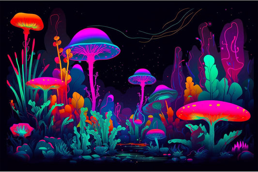 Mushrooms Aquarium Background Mushrooms in Dark Forest with Bright Colors Terrarium Background Tranquil Lake Cartoon Style Aquatic Plants Fish Tank Backdrop Poster Decorations Wallpaper Decor 30x12in