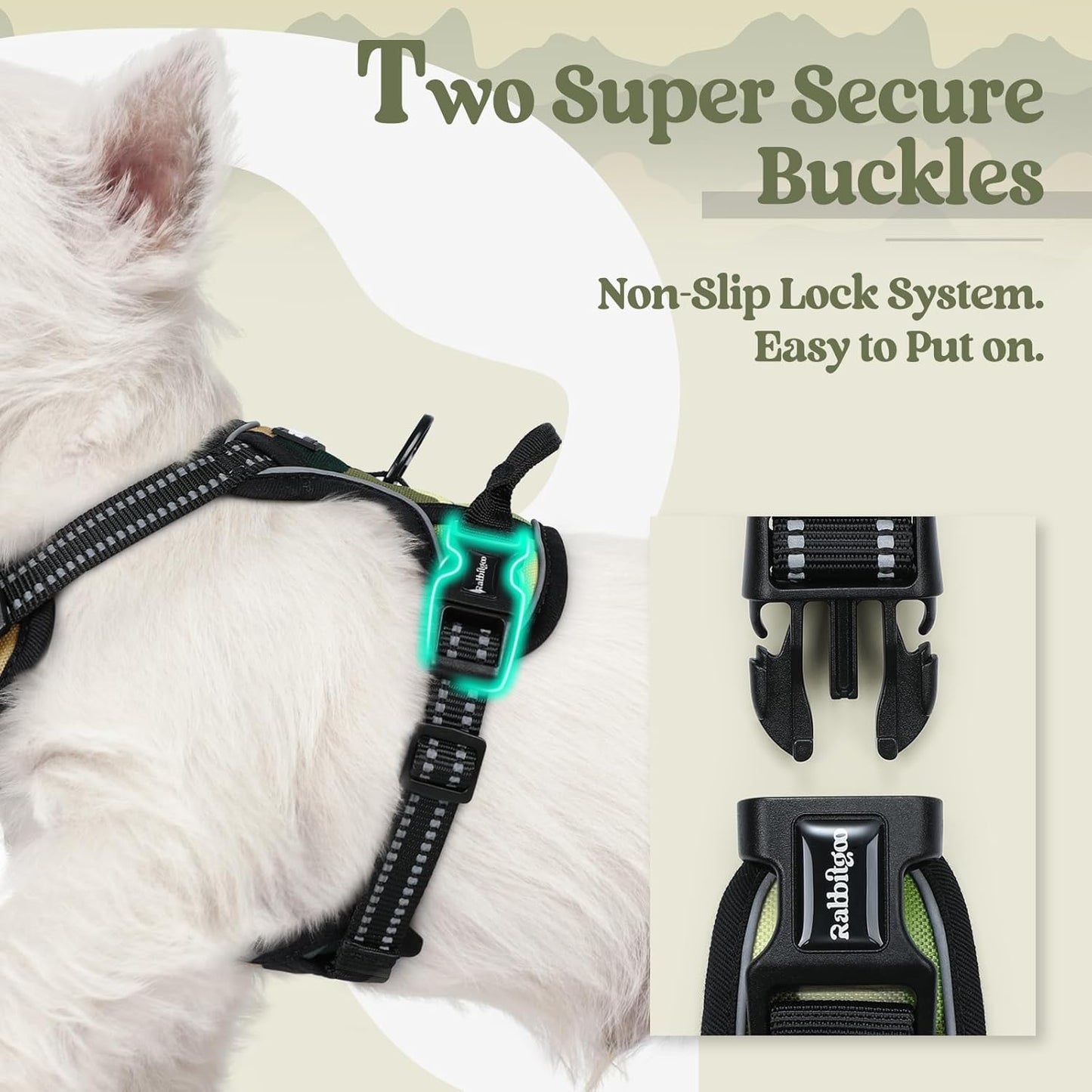 rabbitgoo Dog Harness No Pull with 2 Leash Clips, Adjustable Soft Padded, Reflective Oxford No Choke Pet Vest with Easy Control Handle for Large Dogs, Green Mountain,XS