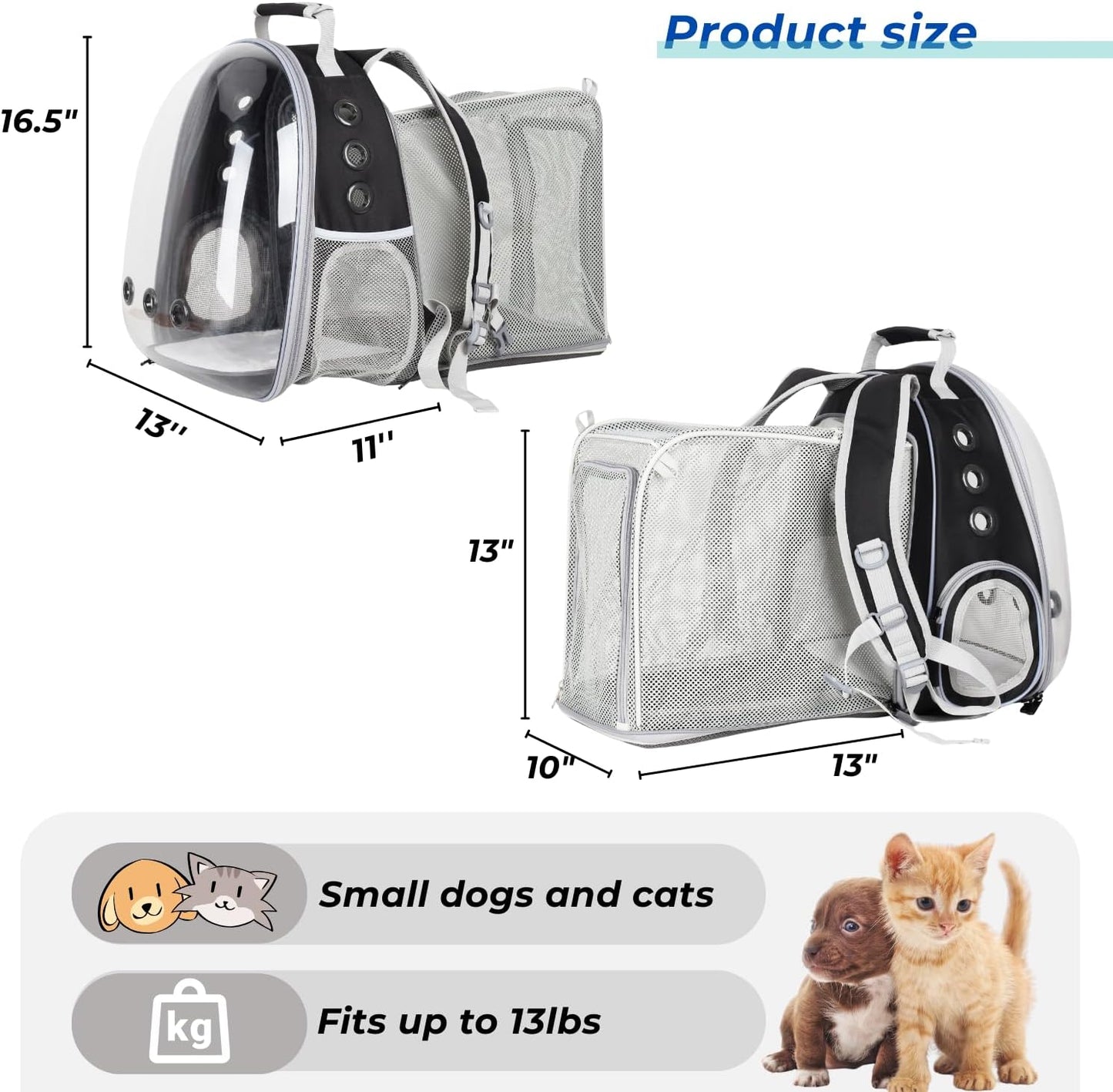 Lollimeow Cat Carrier Backpack, Bubble Expandable Backpack Carrier, Pets and Small Dogs,Airline-Approved, Designed for Travel, Hiking, Walking & Outdoor Use (Square Back Expandable-Black)