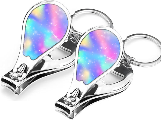 Nail Clippers with Key Chain Cute Stainless Steel Nail Cutter with File Professional Toenail Clipper for Men Multifunction Toenail Clipper 2 Pack Nique Cutter for Adult(Rainbow Light)