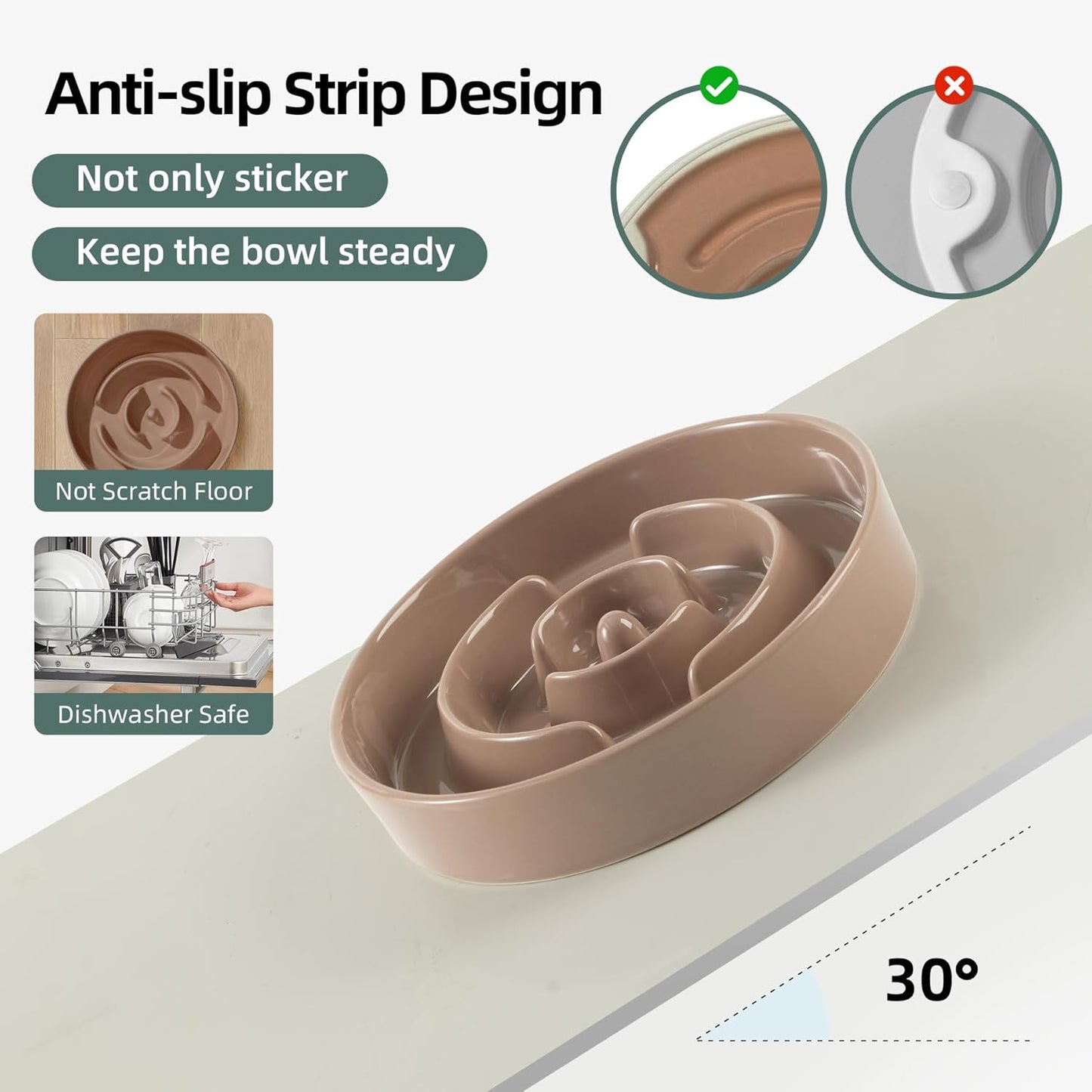 8.2inch Ceramic Slow Feeder Dog Bowl for Medium and Large Breed, Puzzle Dog Food Dish, Anti-Gulping, Pet Slow Feeder, Stop Bloat, Preventing Choking (Single Bowl-Brown Coffee)