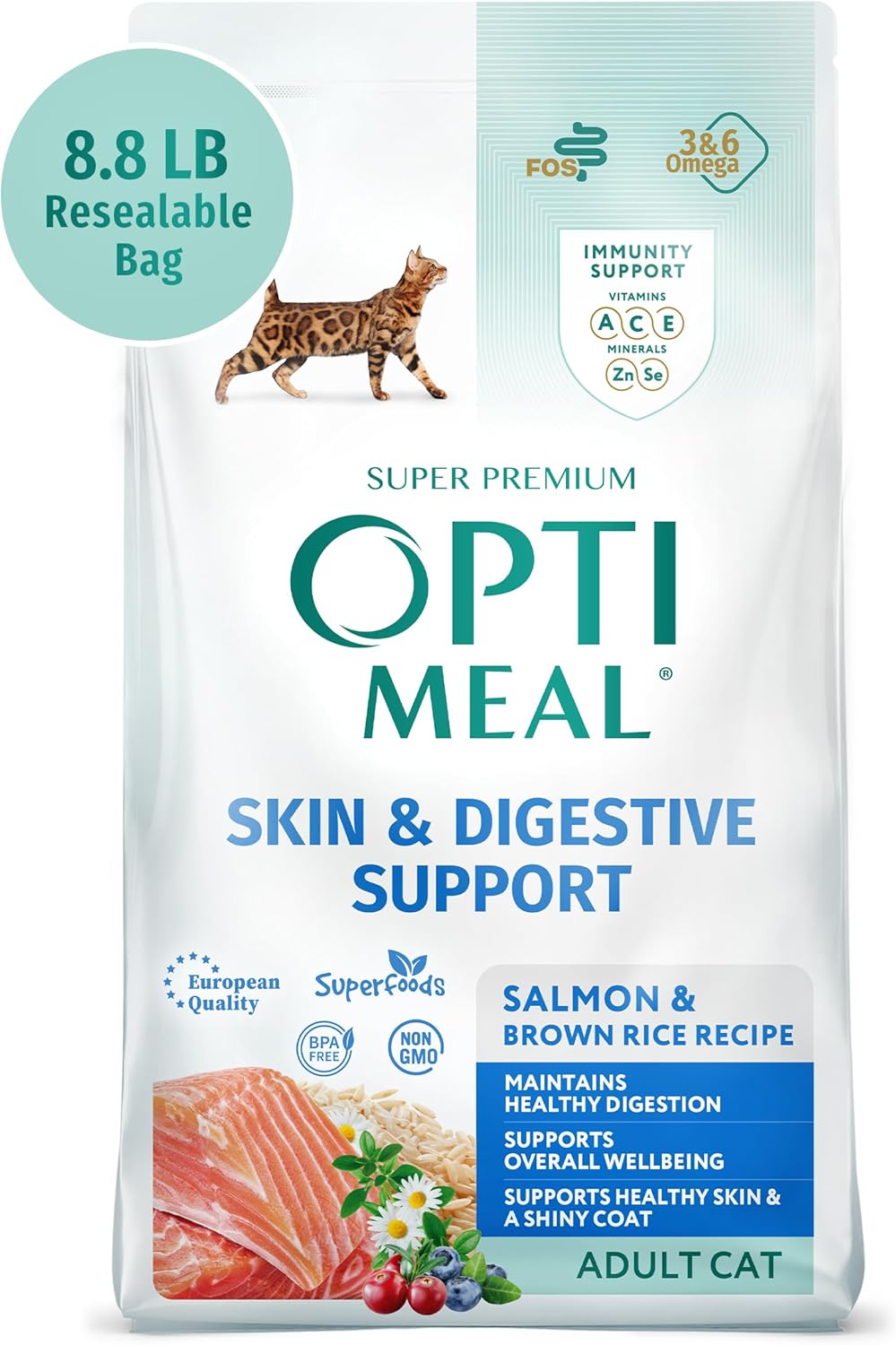 OPtimeal Skin & Sensitive Stomach Cat Food - Proudly Ukrainian - Healthy Cat Food Dry Recipe for Skin & Digestive Support, Tasty Dry Cat Food for Pets (8.8 lbs, Salmon & Brown Rice)