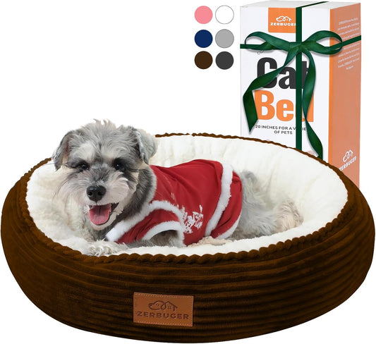 23in Round Cat Dog Bed for Large Medium Small Dogs Cats, Machine Washable Sleeping Sofa, Non-Slip Bottom Breathable Soft Calming Pet Cuddler for Indoor/Outdoor/Car/Cage, Brown