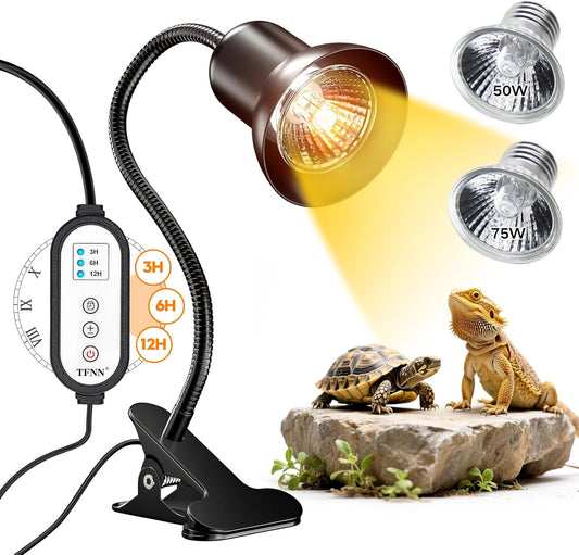 Reptile Heat Lamp, Heat Lamp with Clamp, UVA UVB Reptile Light with Intelligent Cycle Timer for Turtle, Bearded Dragon, Lizard and More, 2 Bulbs 50W+75W