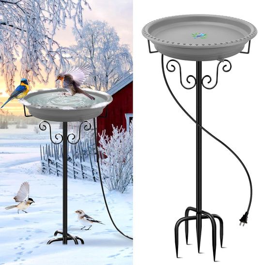 Lovppy Heated Bird Bath, 100W Thermostatically Controlled Heated Bird Baths for Outdoors Bird Bath Heater with Metal Stake, Heated Bird Bath for Outside Winter Garden Patio Yard Lawn (Gray)