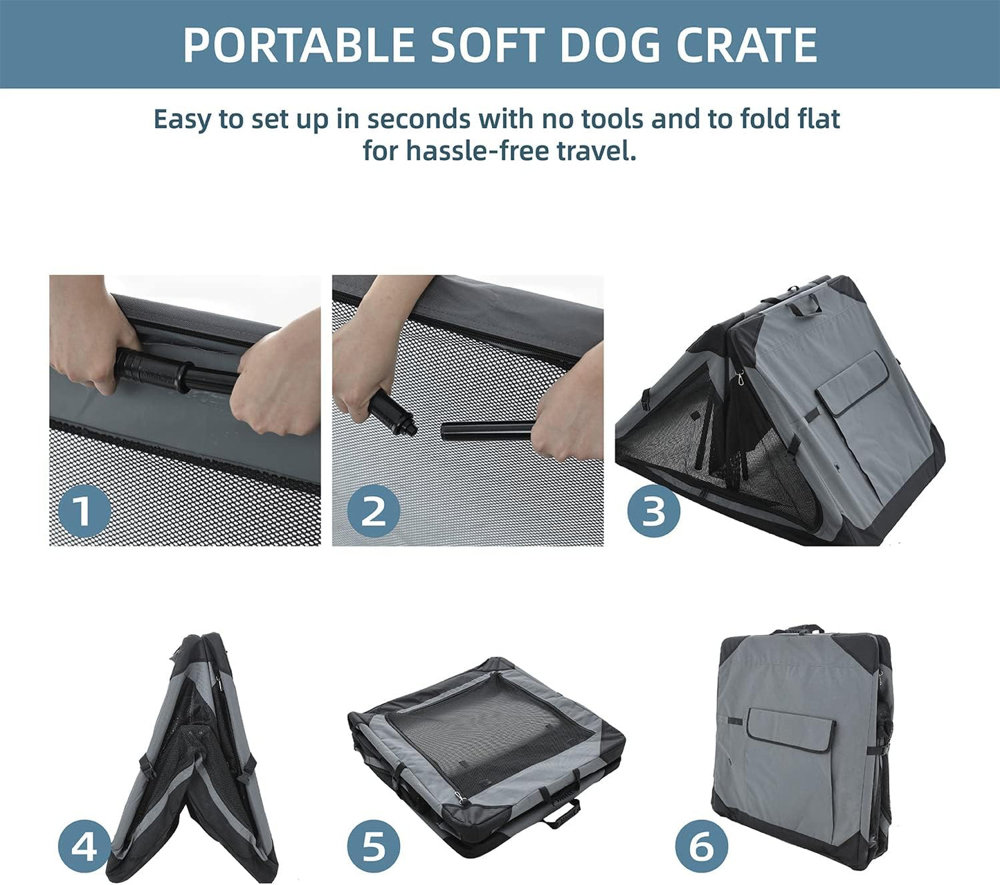 Pettycare 30 Inch Collapsible Dog Crate for Medium Dogs, 4-Door Foldable Soft Dog Kennel with Chew Proof Mesh Windows, Indoor & Outdoor Travel Dog Crate