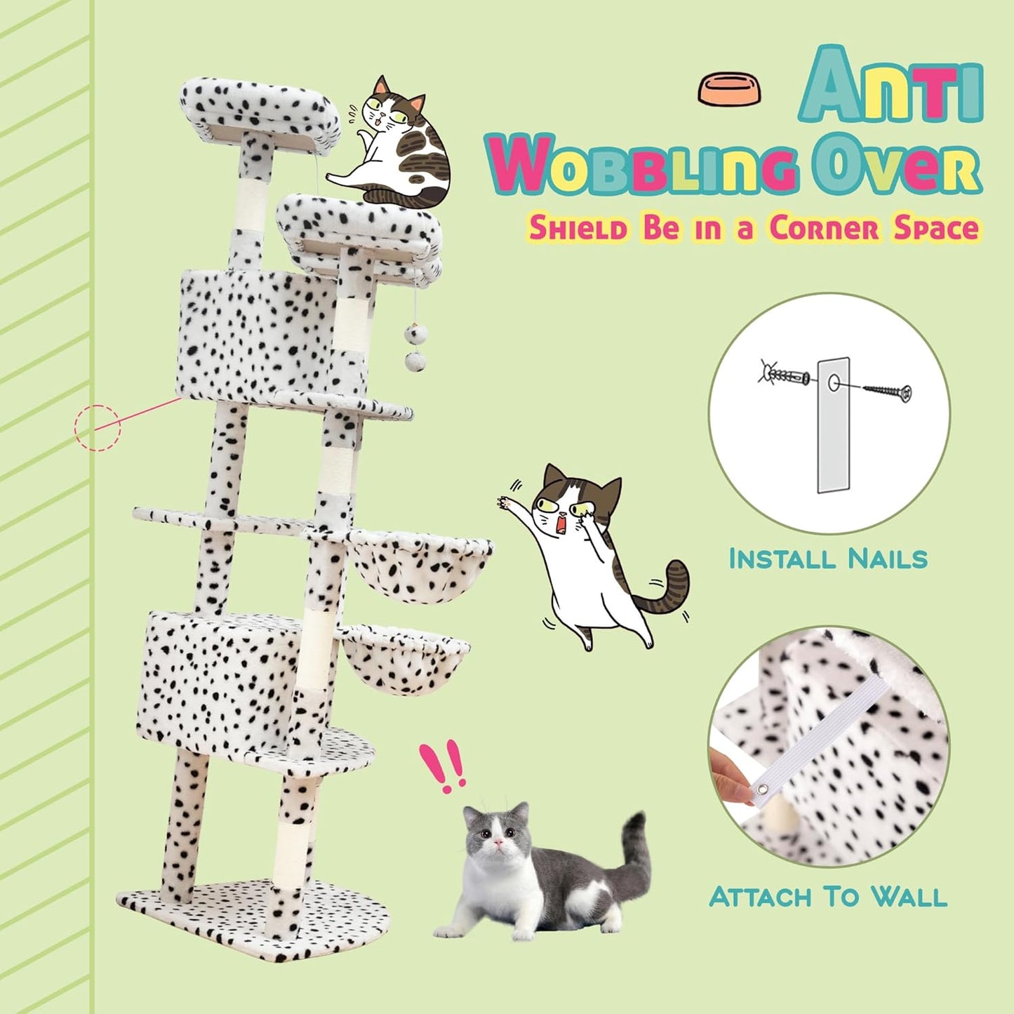 SHA CERLIN 73in Fan-Shaped Corner Cat Tower for Save Space/Multi-Level Tall Tree for Indoor Kitties/Condo with Baskets/Cozy Perches/Sisal Scratching Posts/Pet Activity House/White & Black Spot