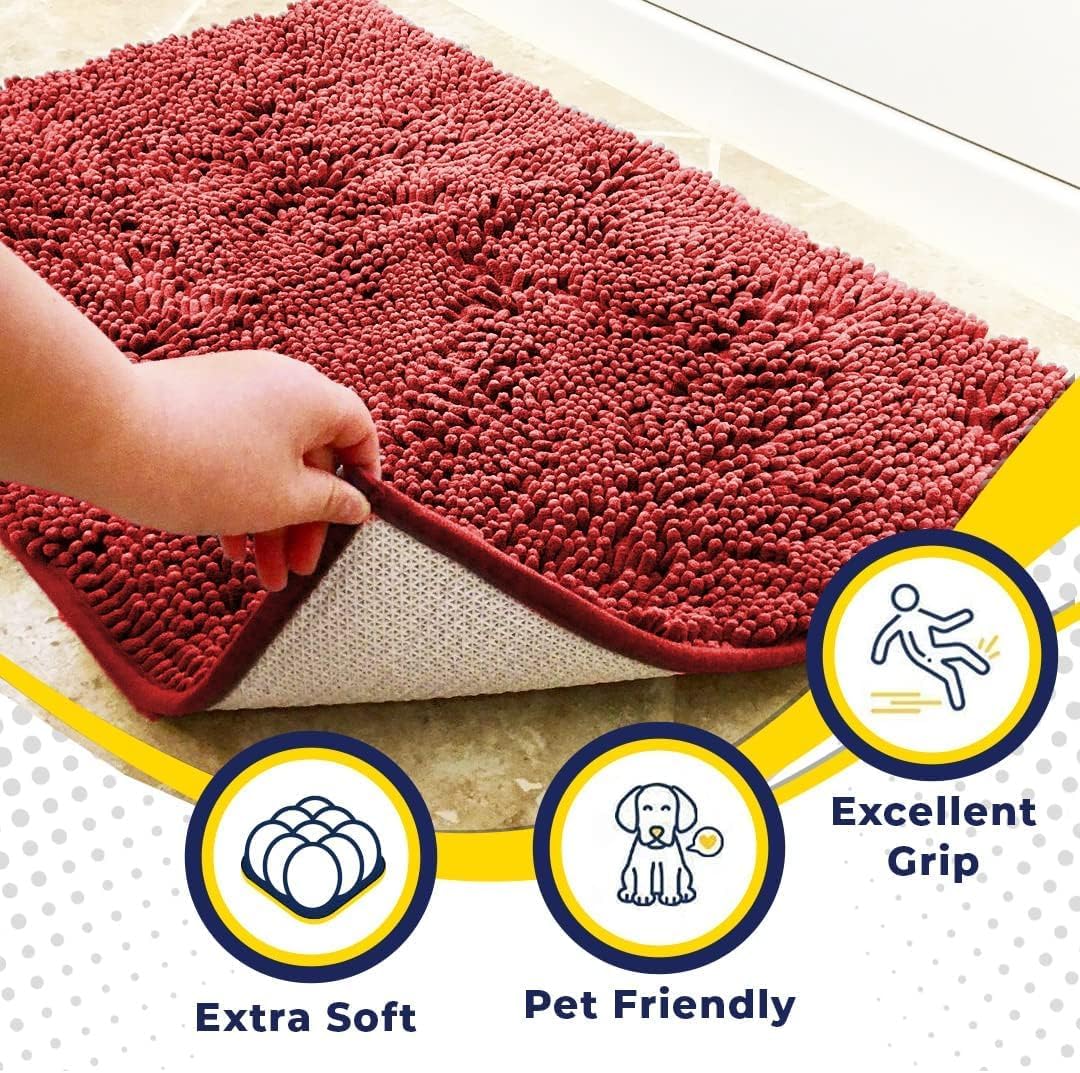 Muddy Mat® AS-SEEN-ON-TV Highly Absorbent Microfiber Door Mat and Pet Rug, Non Slip Thick Washable Area and Bath Mat Soft Chenille for Kitchen Bathroom Bedroom Indoor and Outdoor - Red 24" x 120"