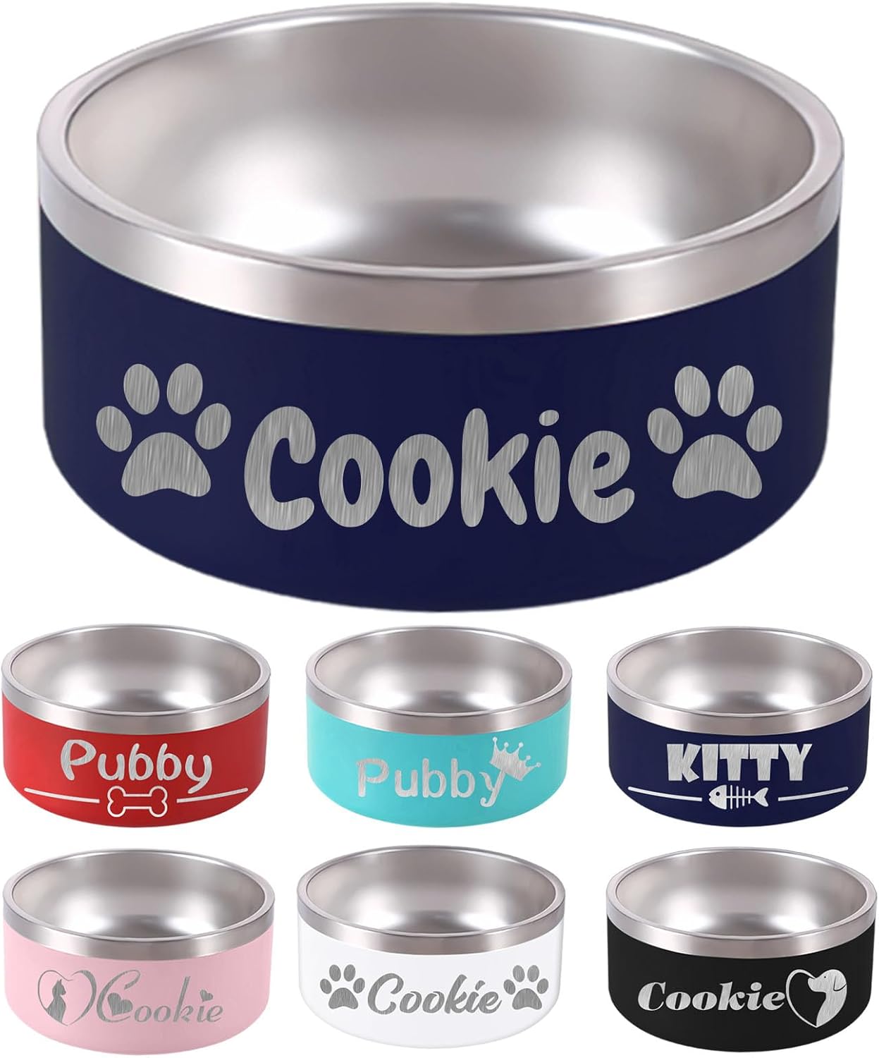 Personalized Dog Bowl Laser Engraved Custom Pet Name 18/32/42/64 oz No Slip Stainless Steel Insulated Bite-Resistant Food Water Dishes-Navy