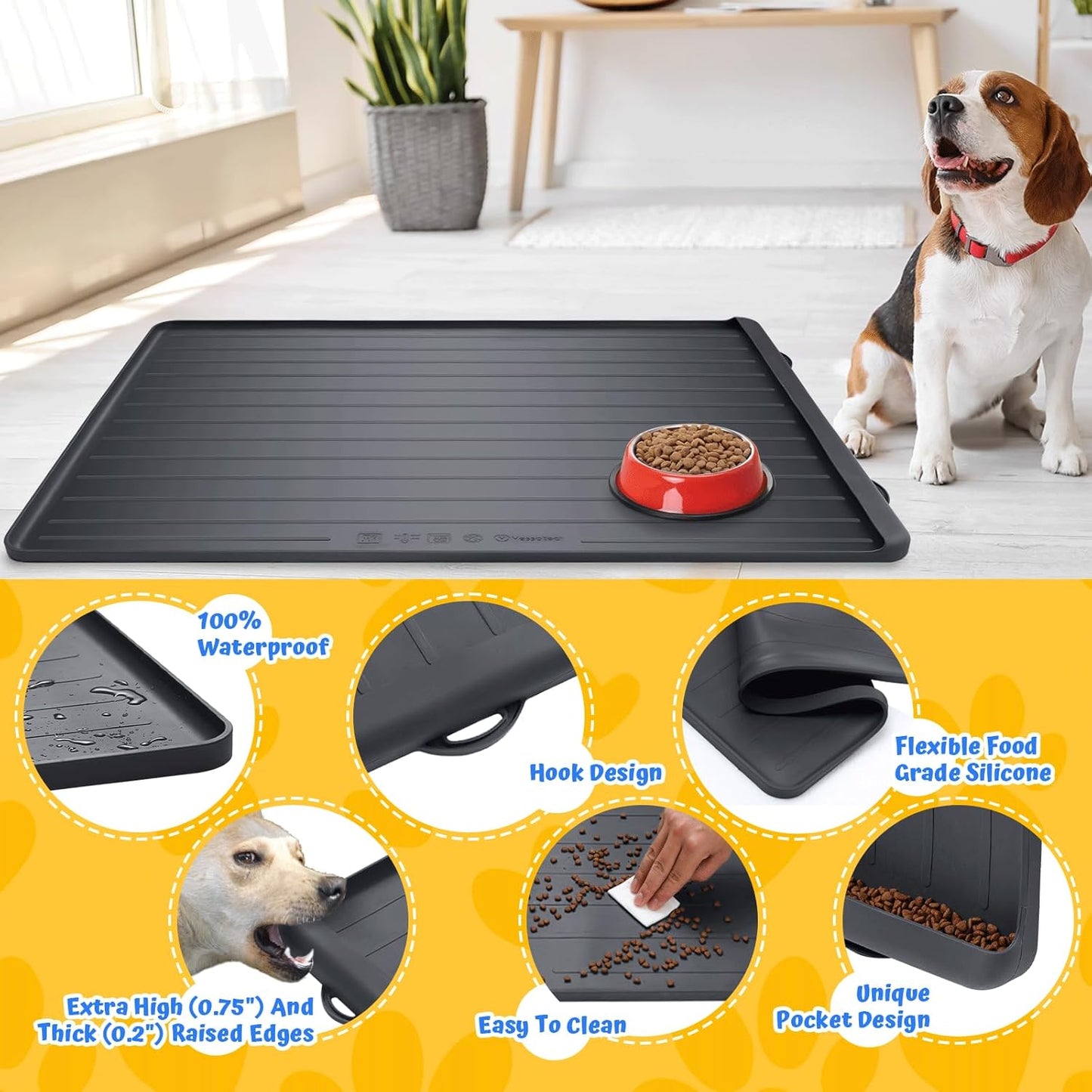 Dog Feeding Mat - 39''x27'' Large Silicone Pet Food Mats with Residue Collection Pocket and High Edges, Floors Waterproof Dog Cat Bowl Mat Prevent Water Food Spills, Black