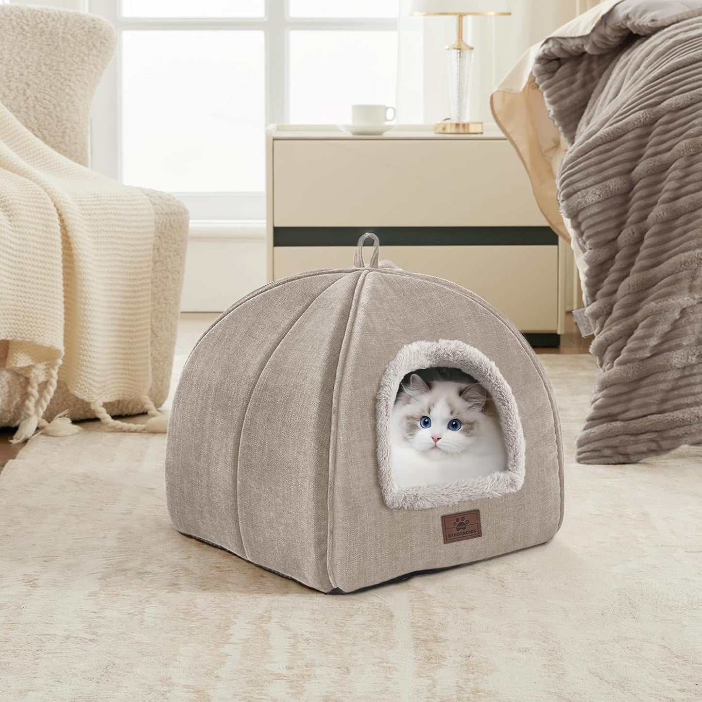 Cat Bed for Indoor Cats - Cat Cave Cat House Cats Tent with Removable Washable Cushioned Pillow, Soft and Self Kitten beds (Large, Beige)