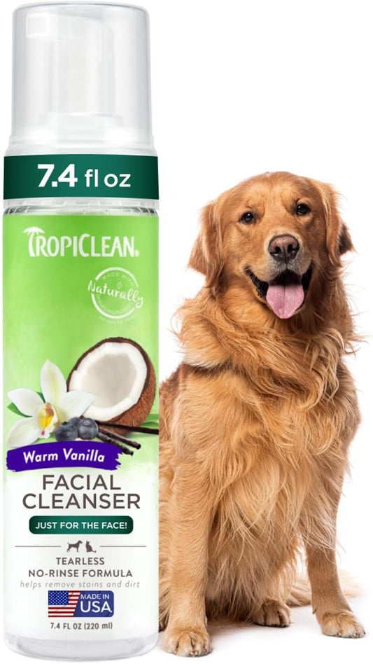 TropiClean Warm Vanilla Waterless Facial Cleanser for Dogs | Dog Foam Face Wash | Dog Face Wash Derived from Natural Ingredients | Cat Friendly | Made in the USA | 7.4 oz.