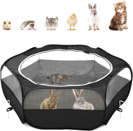 Pawaboo Small Animals Playpen, Waterproof Small Pet Cage Tent with Zippered Cover, Portable Outdoor Yard Fence with 3 Metal Rod for Kitten/Puppy/Guinea Pig/Rabbits/Hamster/Chinchillas, Black
