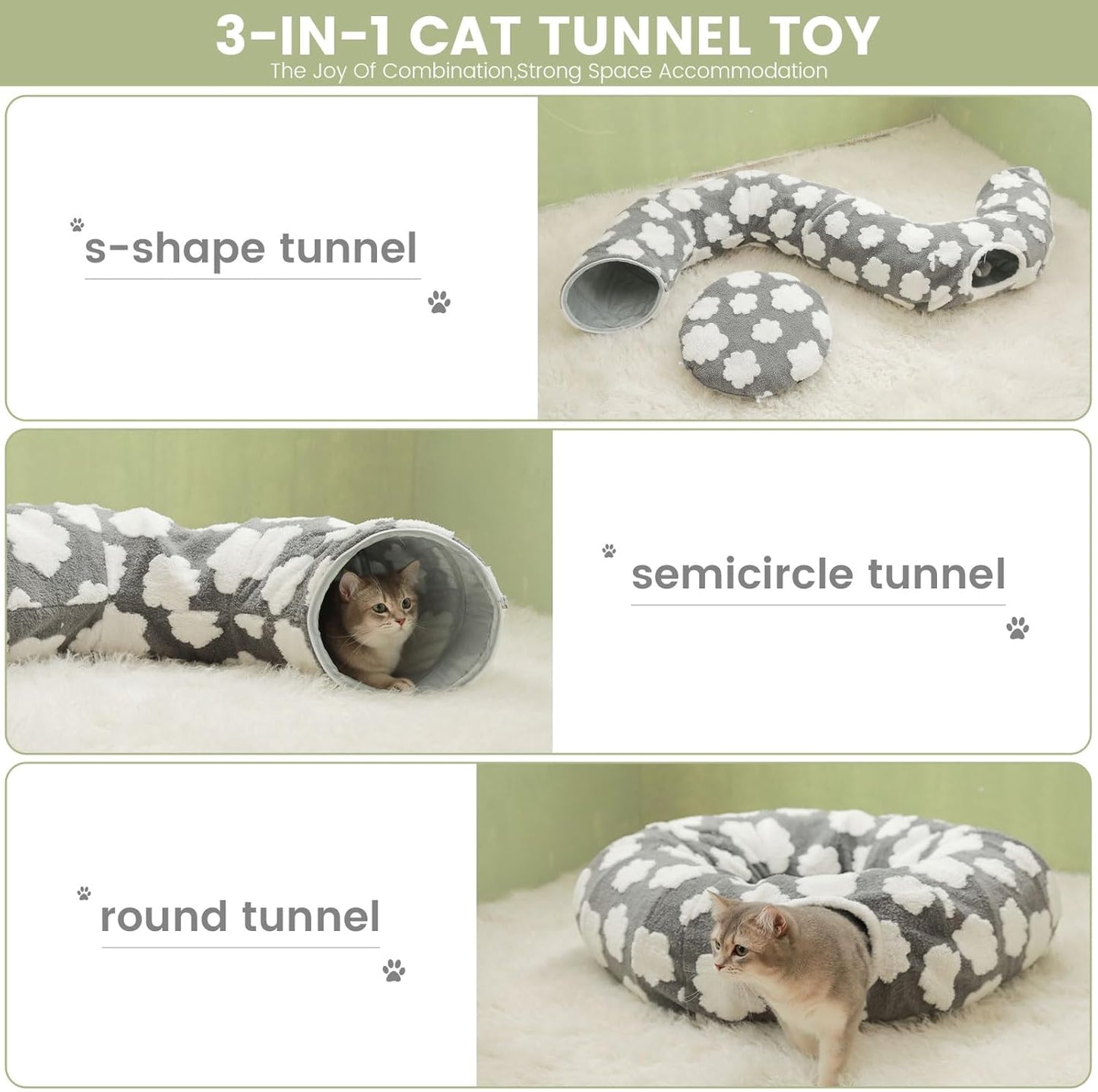 Cat Tunnel Bed for Indoor Cats,Soft Peekaboo Cave Cat Donut Tunnel with Washable Circle Cushion Central Mat, 3 Ways Shaped Round Pet Play Tunnel Toy for Kitten Puppy Rabbit Ferret Yellow