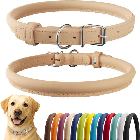 CollarDirect Rolled Leather Dog Collar, Soft Padded Round Puppy Collar, Handmade Genuine Leather Collar Dog Small Large Cat Collars 13 Colors (18-22 Inch, Beige Smooth)