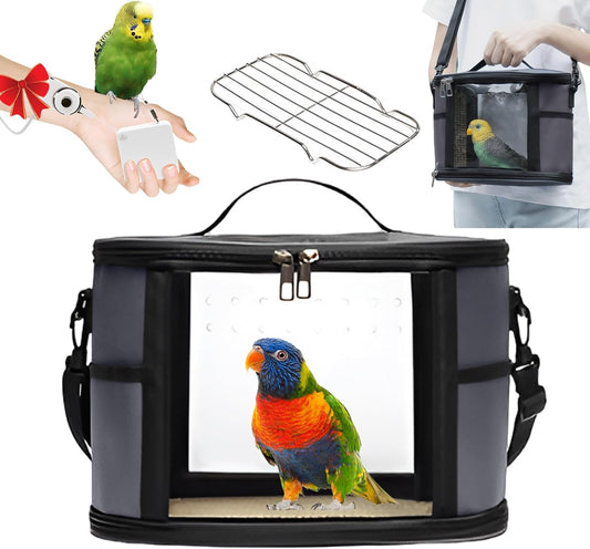 Bird Travel Carrierm, Small Bird Travel Backpack Carrier Cage with Tray and Breathable Clear Window, for Parakeet Cockatiel Budgies, for Camping Hiking (Large-Black)