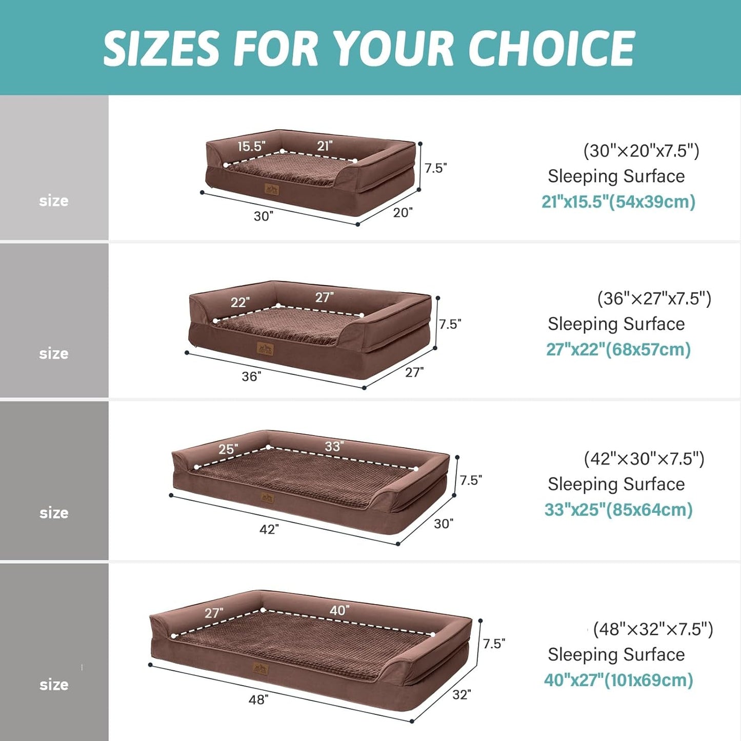 Orthopedic Dog Beds for Medium Size Dog, Pet Couch for Dog Cat, Supportive Foam Bolster Sofa with Waterproof Lining Cover, Anti-Slip, Comfort, Washable, 30x20x7.5 in, U Shape, Brown