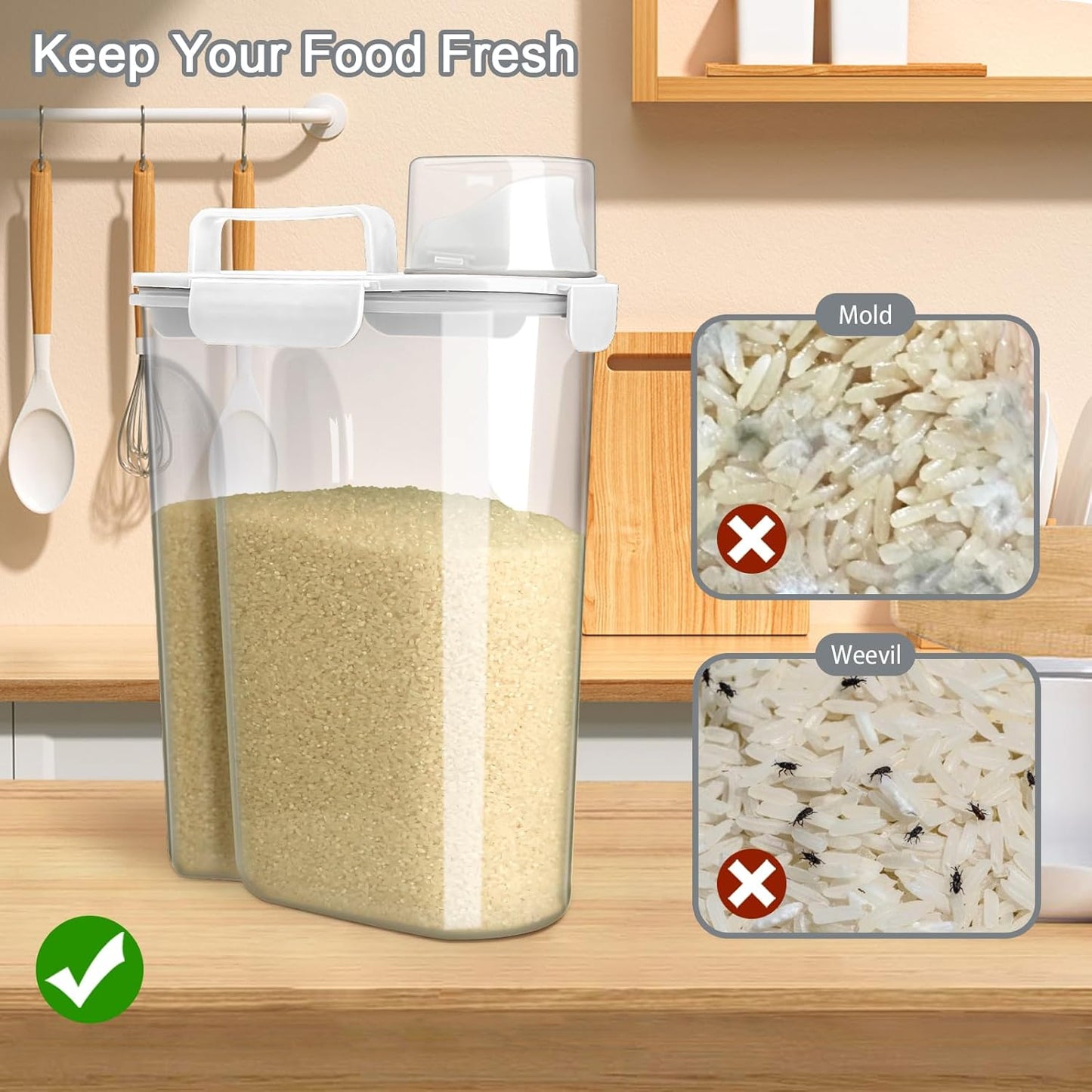 Rice Container, Airtight Rice Storage Container 10lb, Cereal Containers Storage, BPA Free Food Dispenser with Pouring Spout Handle for Flour Pasta Grain, Pet Dog Cat Bird Food Storage Container