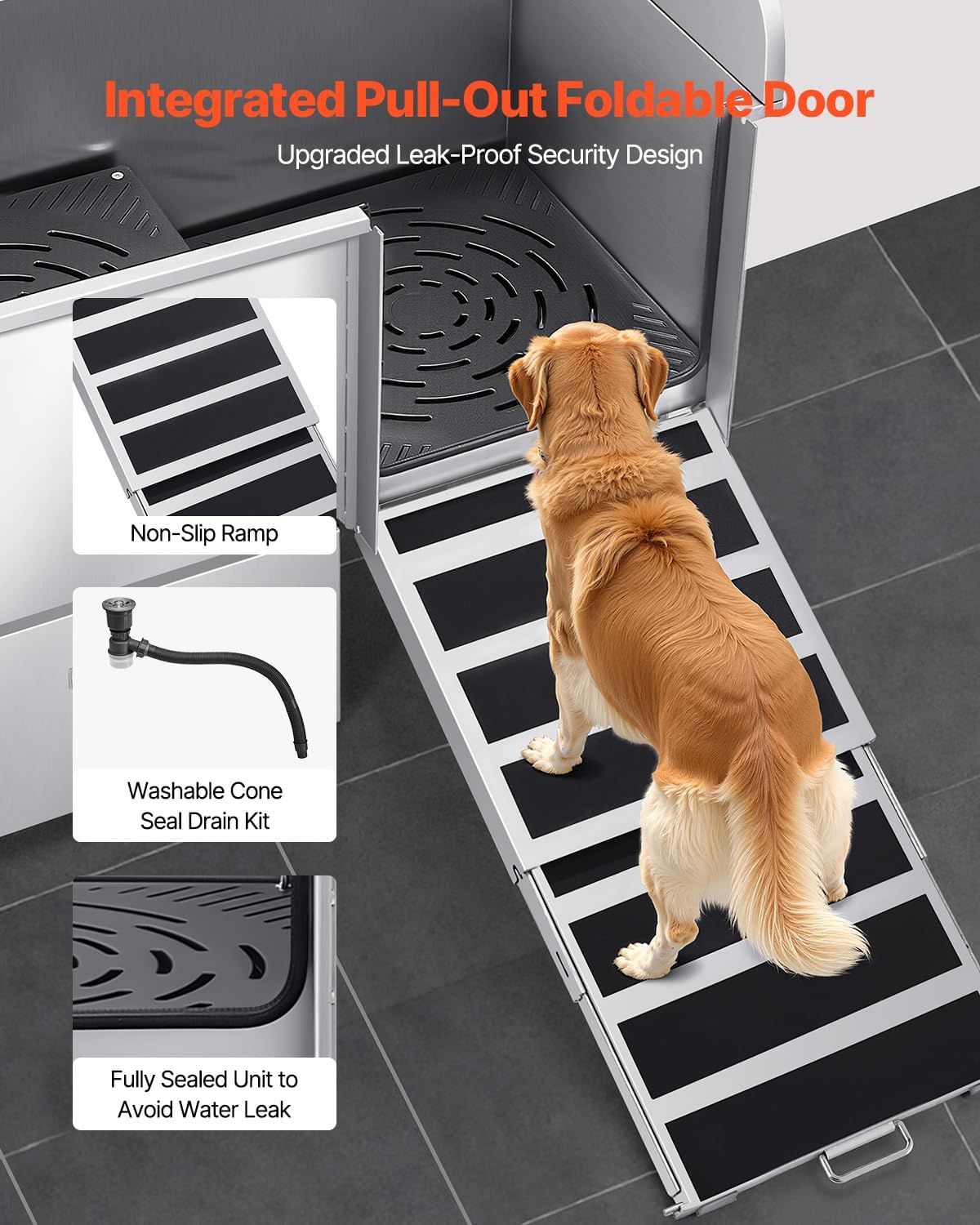 VEVOR Professional 304 Stainless Steel Dog Bathing Station, 50 inch Pet Grooming Tub w/Anti-Slip ramp, Storage Drawer, Cold Hot Faucet Showerhead, for Large & Medium & Small (Right Door, with Drawer)