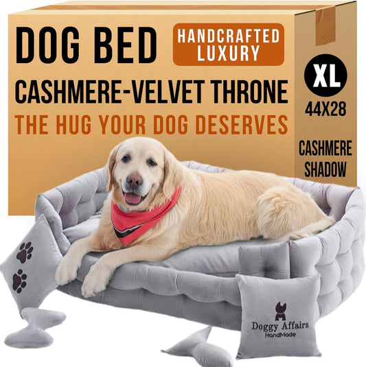 Luxury Dog Bed Chesterfield – Handcrafted Velvet Throne for Dogs | Joint Support, Calming & Temp-Regulating Comfort | Durable 5+ Years, Anti-Claw, Washable 100+ Times – XL, Grey