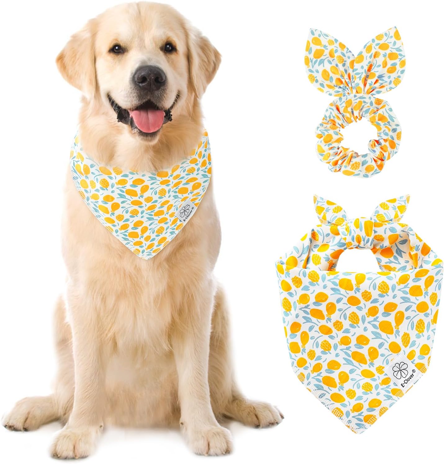 E-Clover Yellow Floral Dog Bandanas & Matching Scrunchie Set Cute Dog Scarf Bibs Pet Bandana with Bow Tie for Medium Large Dogs Owner Mom Spring Summer