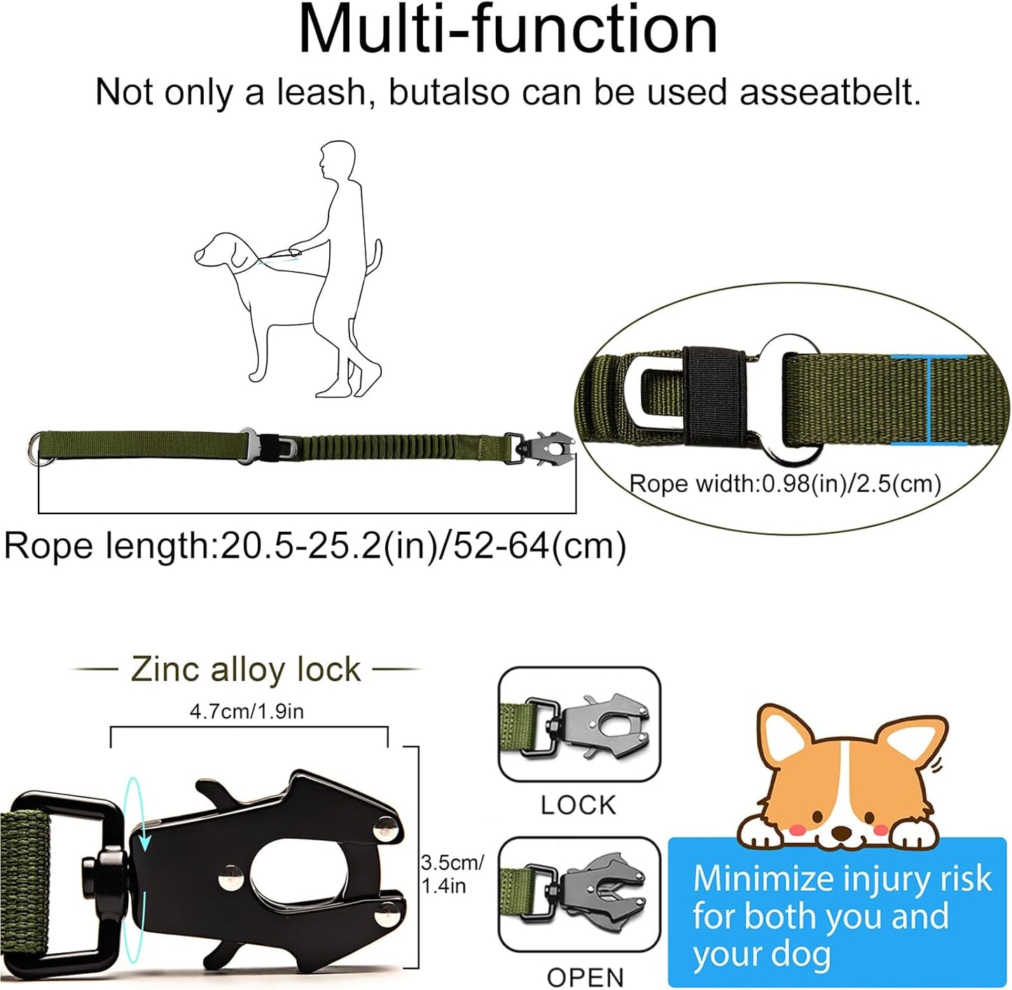 20” Strong Short Leash for Dog, Heavy Duty Bungee Dogs Leash with Padded Handle Car Seatbelt, Dog Training Leashs for Large or Medium Dogs - Can be Used with Other leashes (Army Green)