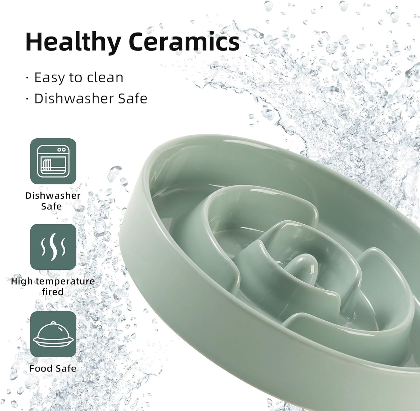 9.5inch Ceramic Raised Slow Feeder Dog Bowl Set, Elevated Bowl with Wooden Stand for Large Dog, Puzzle Slow Pet Food Dish, Preventing Choking(Light Green, Single Bowl+ Stand)