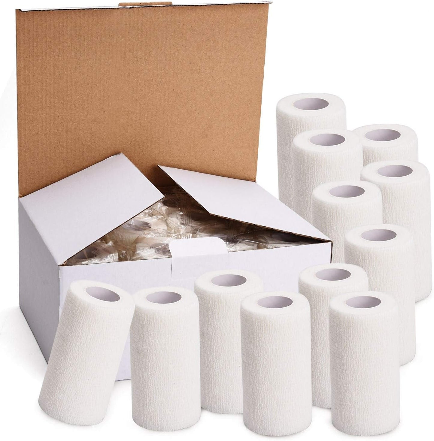 TOBWOLF 12PCS Self Adhering Bandage, 4" x5yd / 10cmx4.5m Cohesive Elastic Bandage Wrap Gauze Roll, Breathable Sports Tape, Medical Wrap for Wrist Ankle Knee Leg Sprains Swelling - White