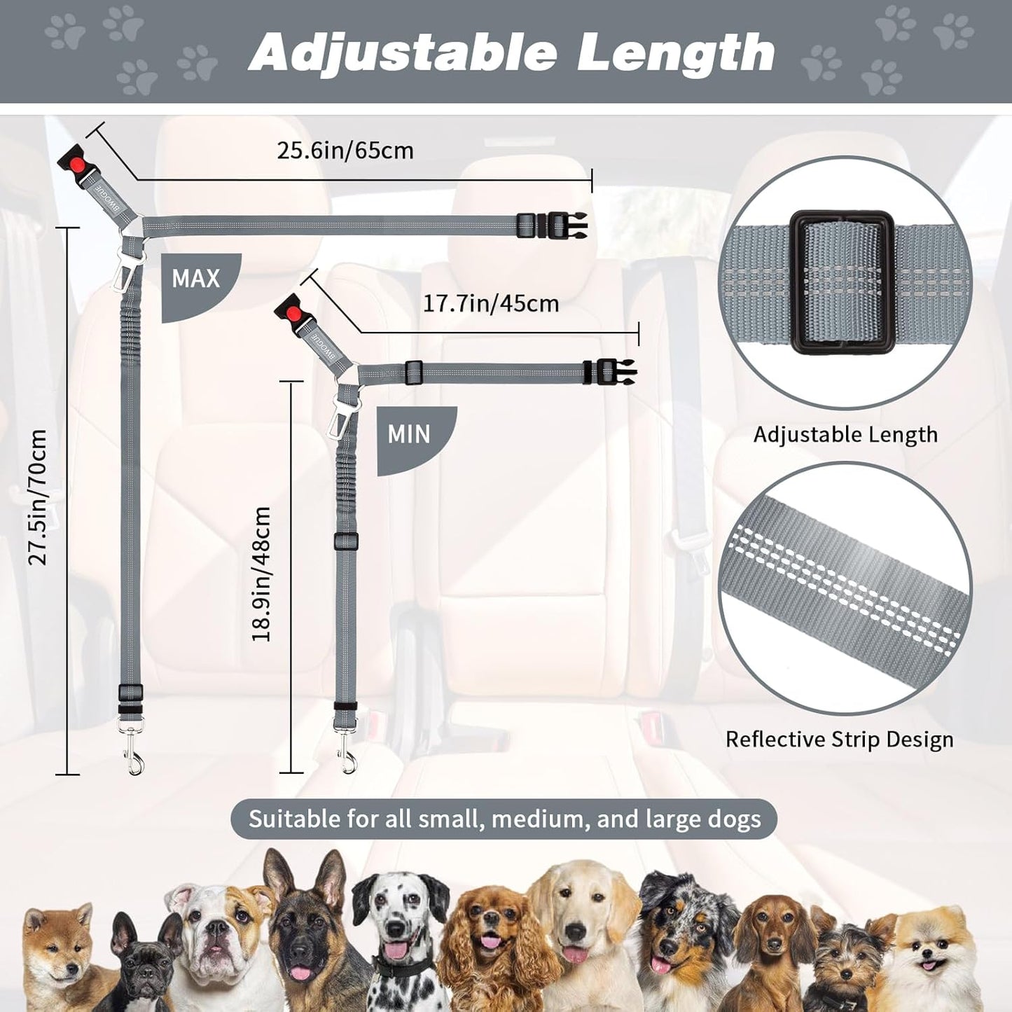 BWOGUE 2 Piece Dog Seat Belt for Car with Elastic Bungee Buffer Safety Seatbelt Car Headrest Restraint Wear Adjustable Metal Buckle Harness in Vehicle Travel for Pet