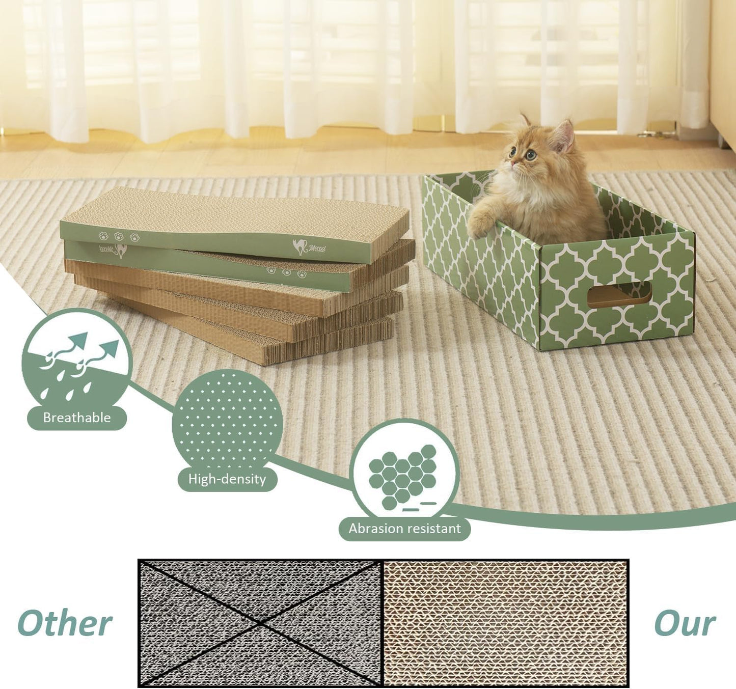 MECOOL Cat Scratching Board，5PC Cat Scratch Pad with Box，Reversible Corrugated Cat Scratcher Cardboard and Lounge Bed for Indoor Cats, Catnip