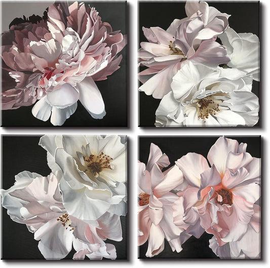 Yxbhhym Floral Canvas Wall Art White Flowers Wall Picturs Prints Pink Florals Artwork for Wall Décor Painting Poster for Bathroom Art Living Room Decor-Framed Wall Art -12x12inches x 4 pcs