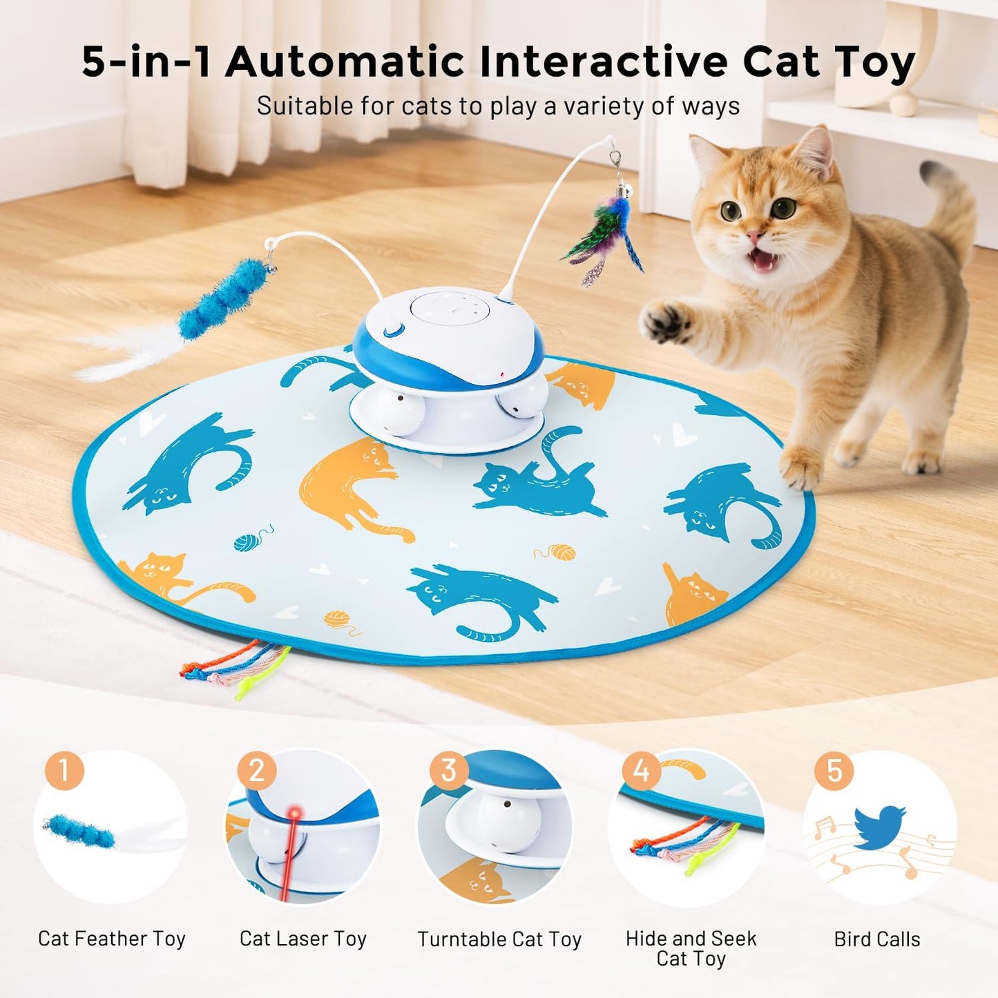 Interactive Cat Toy for Indoor Cats - 5 in 1 Cat Laser Toy Automtaic, Rechargble Motion Activated Hide and Seek Toy with Moving Feather, Tarck Balls and Chirping for Bored Kitten Exercise