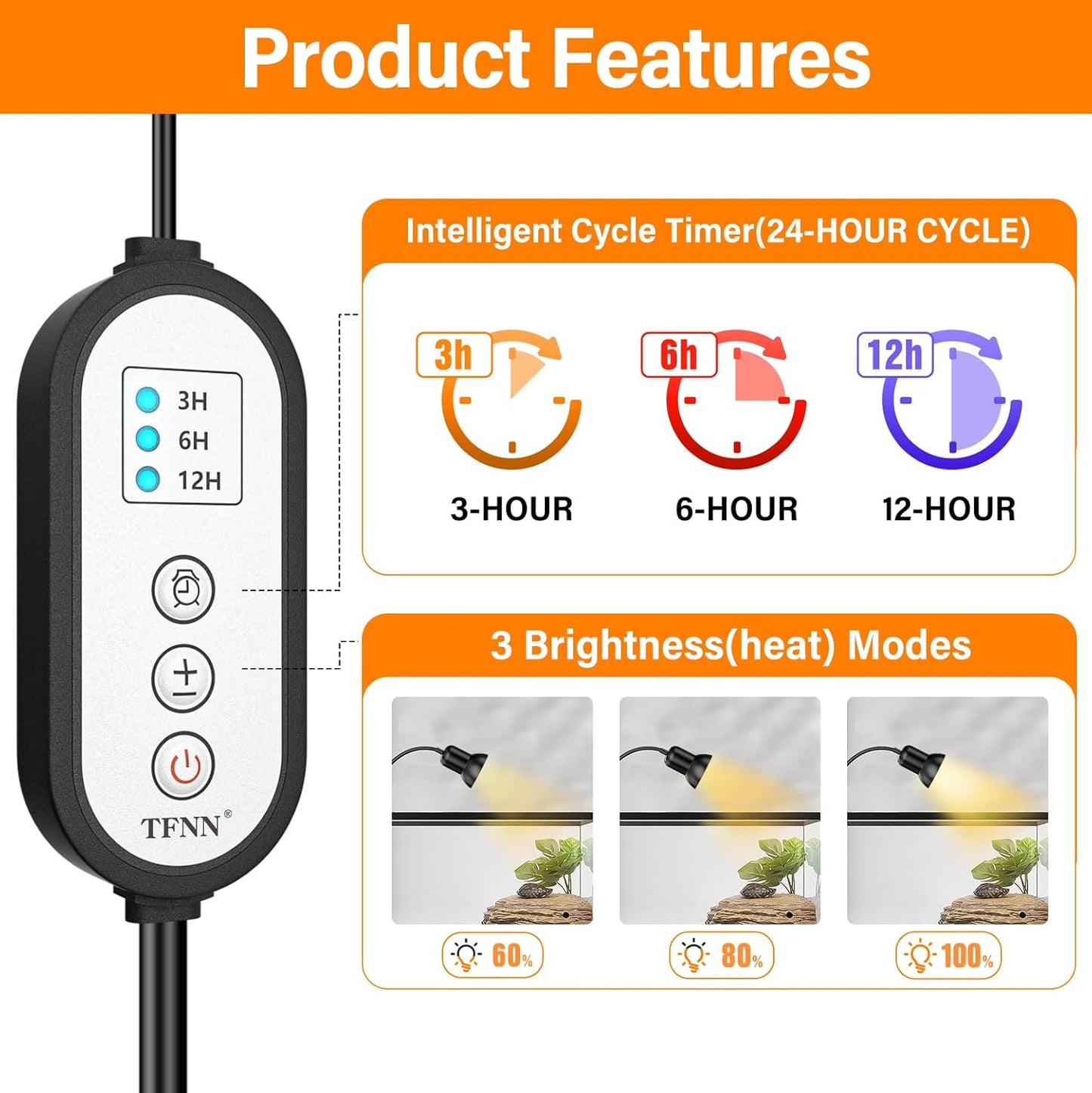 Reptile Heat Lamp, Heat Lamp with Clamp, UVA UVB Reptile Light with Intelligent Cycle Timer for Turtle, Bearded Dragon, Lizard and More, 2 Bulbs 50W+75W