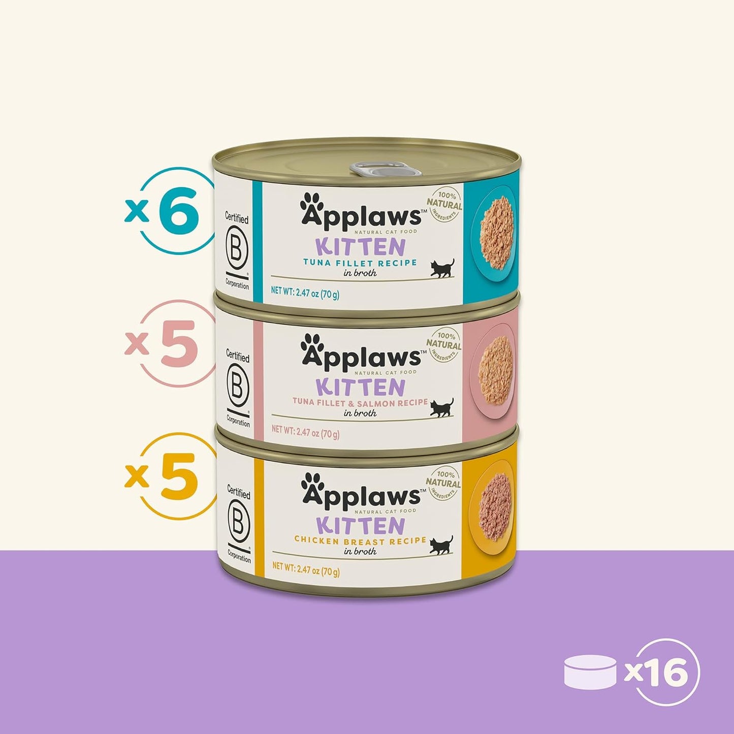 Applaws Natural Wet Cat Food in Broth, Limited Ingredient Canned Wet Cat Food, No Additives, Made with Natural Ingredients, Kitten Variety in Broth Cans (16 x 2.47oz Cans)