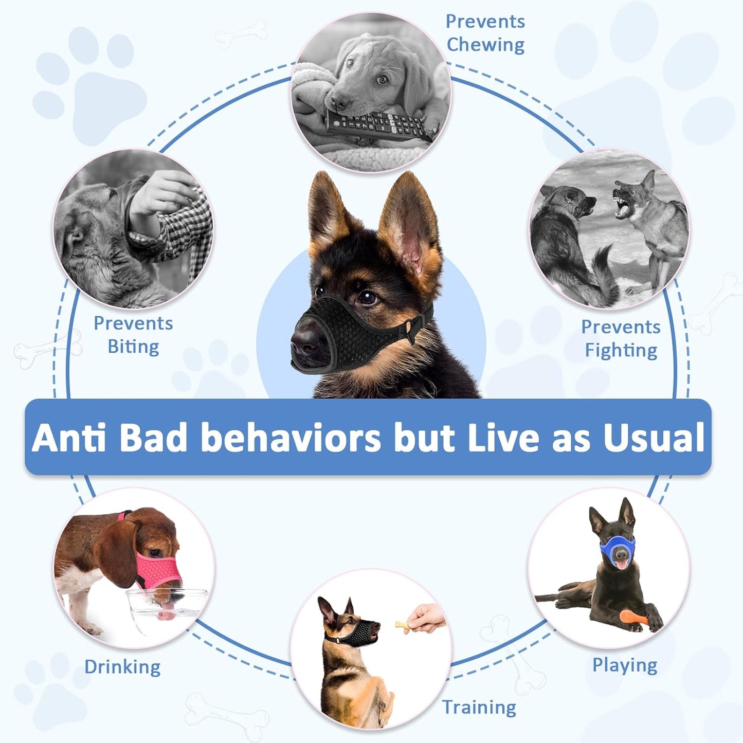 LUCKYPAW Dog Muzzle, Soft Muzzles for Large Medium Small Dogs to Prevent Biting Chewing with Ring and Adjustable Strap for Vet Visit Training (Blue, S)