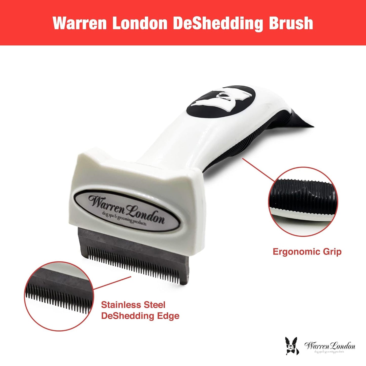 Warren London Deshedding Brush for Dogs – Small Long-Hair | Stainless-Steel Undercoat Rake Reduces Shedding Up to 95% | Gentle Skin-Safe Comb, Quick-Clean Release, Non-Slip Ergonomic Grip
