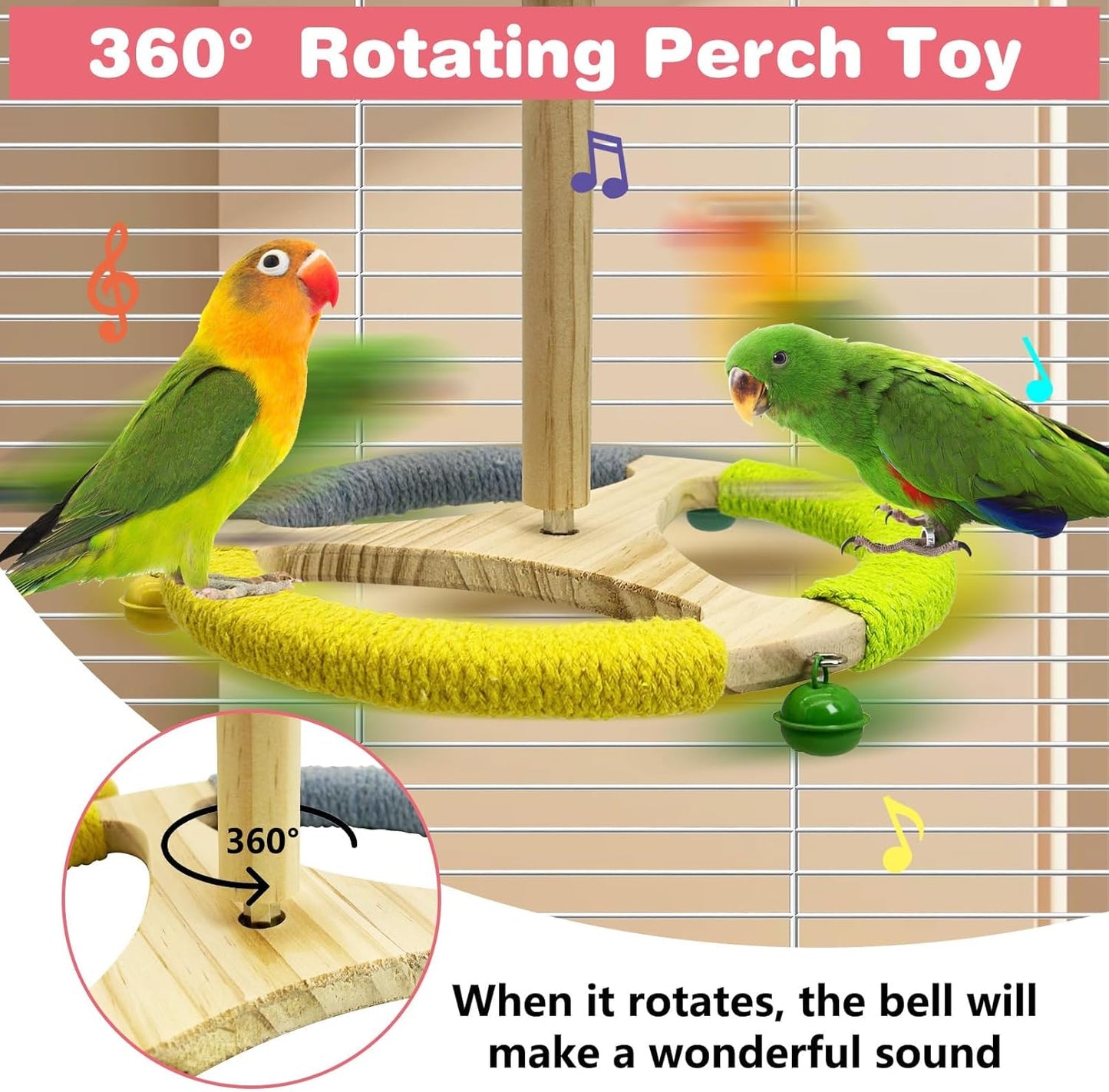 PINVNBY Hanging Bird Stand Perch Toy Wooden Spinning Parrot Perch with Cotton Rope and Bell Interactive Cockatiel Toy Bird Cage Accessories for Parakeets Conures Budgies Finches Lovebirds