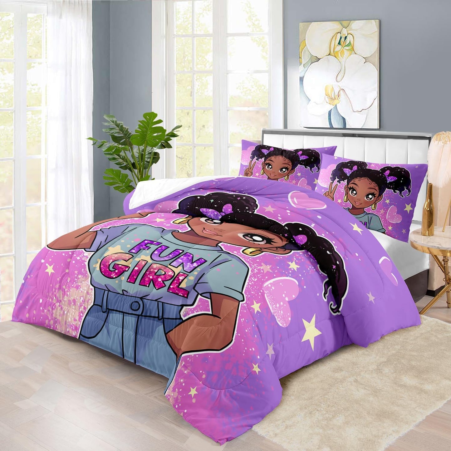 African American Black Girl Comforter Set King Size,Cute Black Girl Bedding Set King for Kids,Kawaii Heart Comforter Purple Bedding Decor for Teen,Purple Bed Quilt