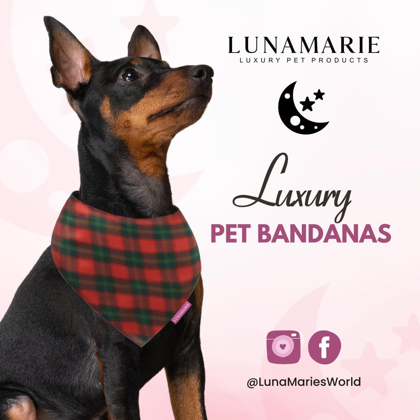 LunaMarie - Luxury Pet Birthday Bandanas -Premium & Silky Poly Fabric | 100% Handmade | Custom Shape Dual Layered (Jingle Plaid, Small)
