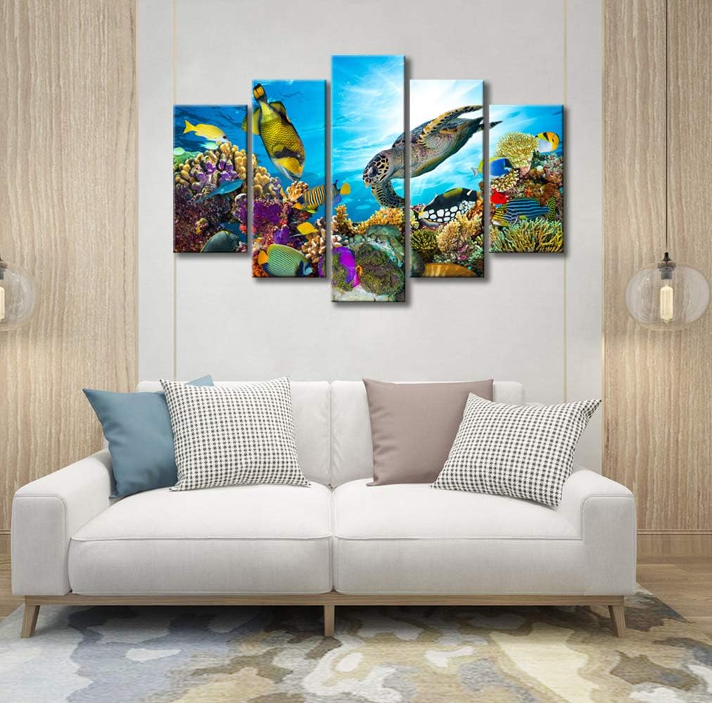 Xlarge 5 Piece Underwater World Canvas Wall Art Painting Sea Turtles Tropical Fish Swim on Coral Reef in the Sea Ocean Picture Prints Kids Room Wall Decor Stretched and Framed Ready to Hang 40x60inch