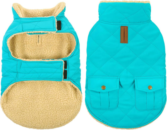 Queenmore Warm Dog Coat, Cold Weather Puffer Dog Coat Vest, Quilting Winter Pet Jacket Ultra Thick Plush Fleece Lining Pet Clothes for Dogs with Storage Pockets (Light Blue,X-Large)