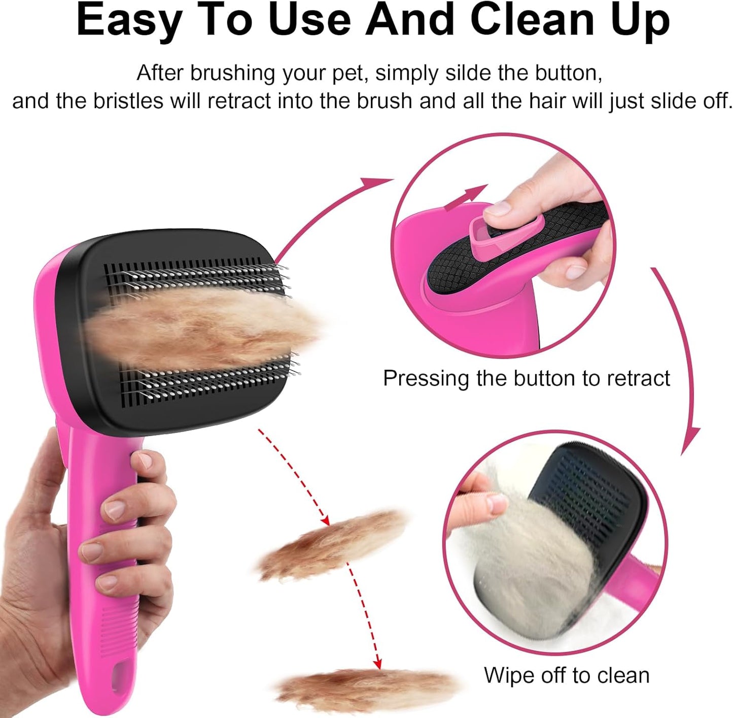 Self Cleaning Slicker Brush for Shedding Long Short Haired Dogs & Cats, Remove Loose Tangling Knot Undercoat Fur Mats, Grooming Brush with Retractable Bristles for Small Medium Large Pet, Pink