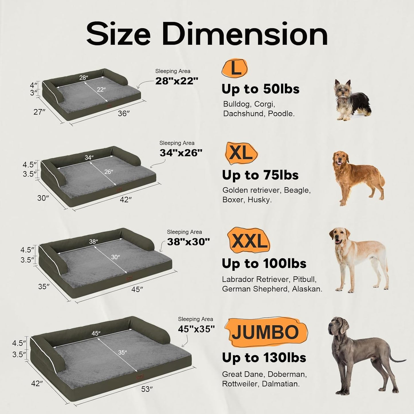 Large Dog Bed Orthopedic Washable - Beds Bolster Pet - XL Large Big Dogs - Memory Foam - Couch Sofa Bed- Waterproof with Removable Cover - Dark Green Dog Bed
