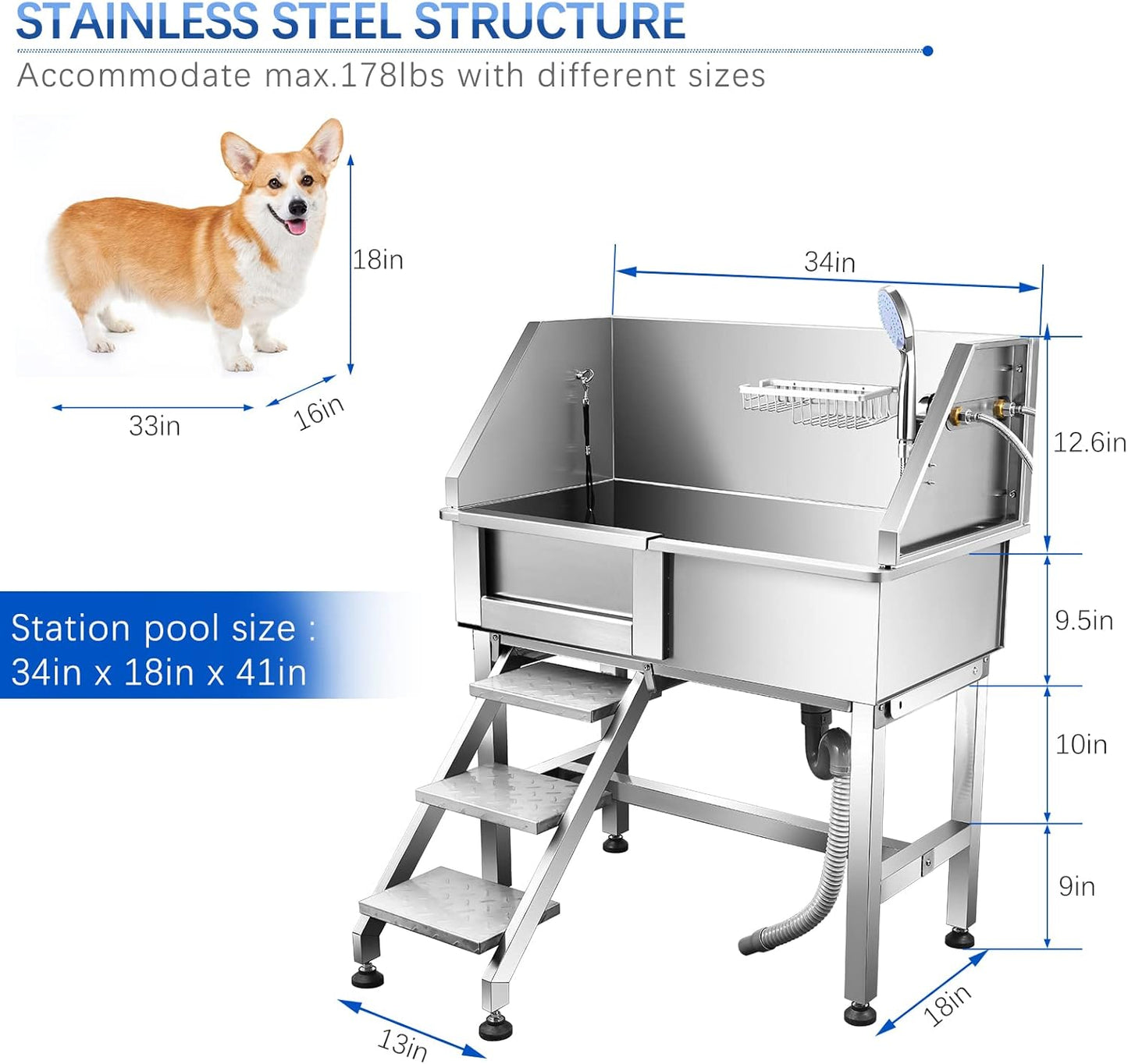 34'' Dog Washing Station for Small Dogs Grooming Tub Bathing Station Professional Pet Wash Station Bathtub for Home with Sliding Door, Faucet, Steps