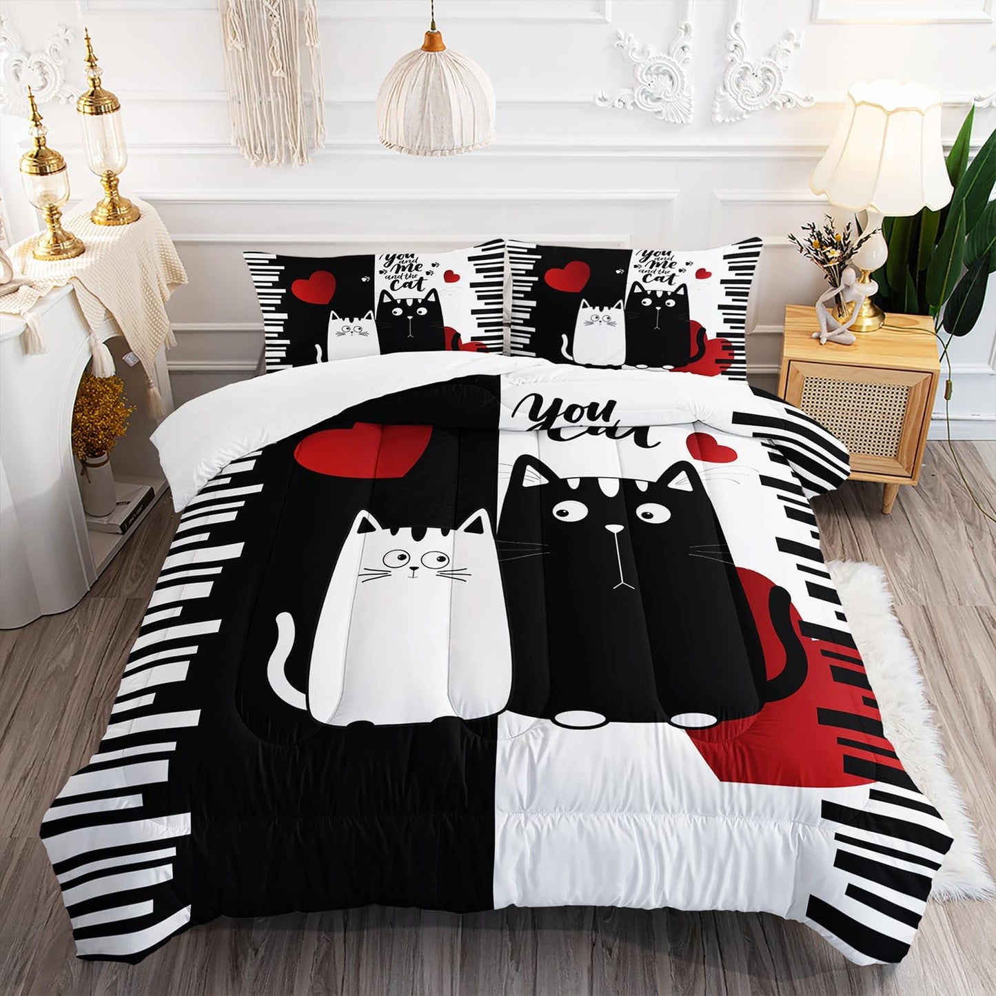 Kawaii Pet Cat Themed Comforter 3Pcs Twin Lover's Kitten Animal Bedding Set for Cat Lover Kid Teen Girl Boy Black White Cat Heart Pattern Quilt Bed Decor with 1 Comforter and 2 Pillowcases