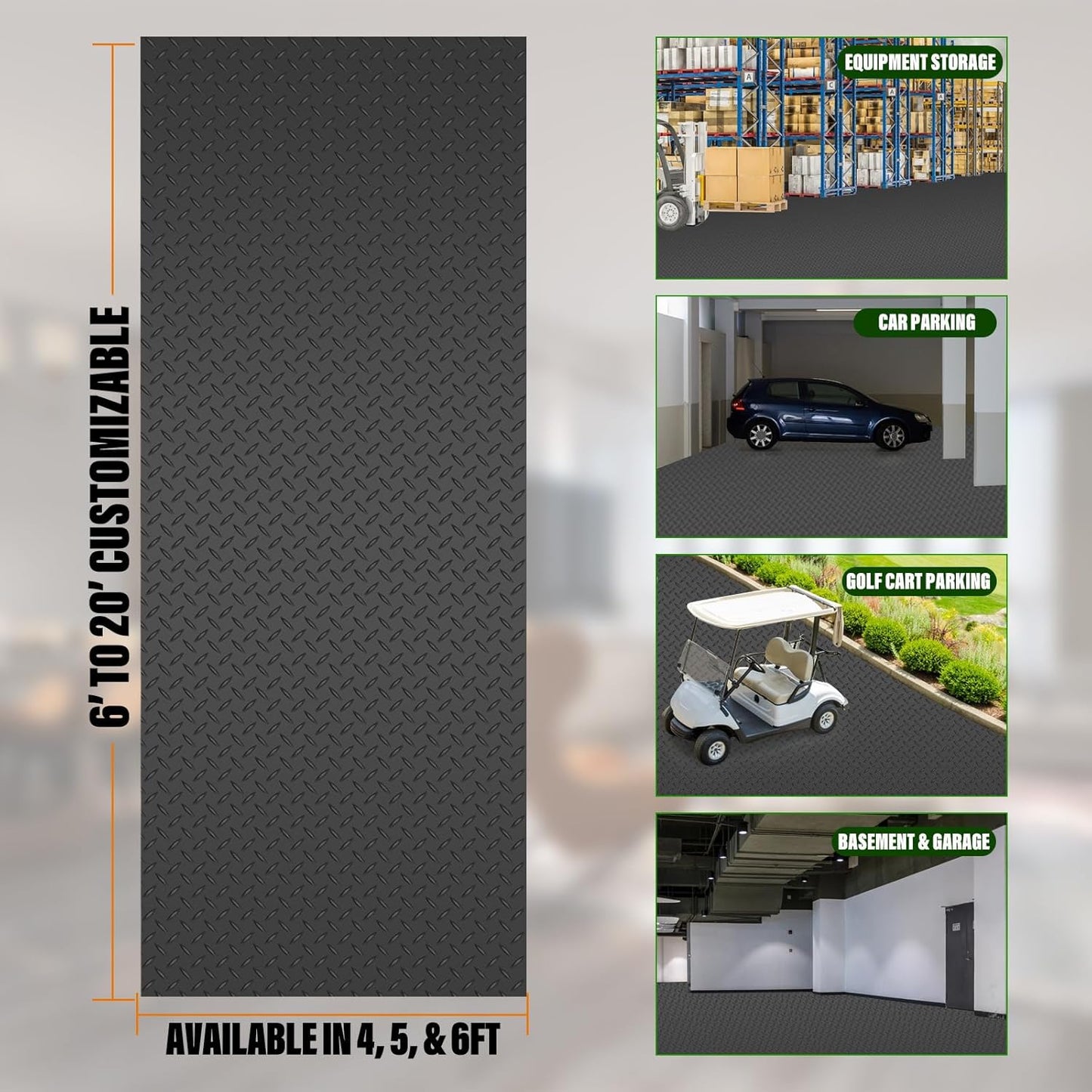 SEAL 4 x 8 Ft Premium Garage Floor Mat, Solid 2.8mm Thickened Black Commercial Grade Heavy Duty Parking Mat for Garage Floor, Golf Cart, Water/Stain Resistant Floor Runner (Embossed Diamond Plate)