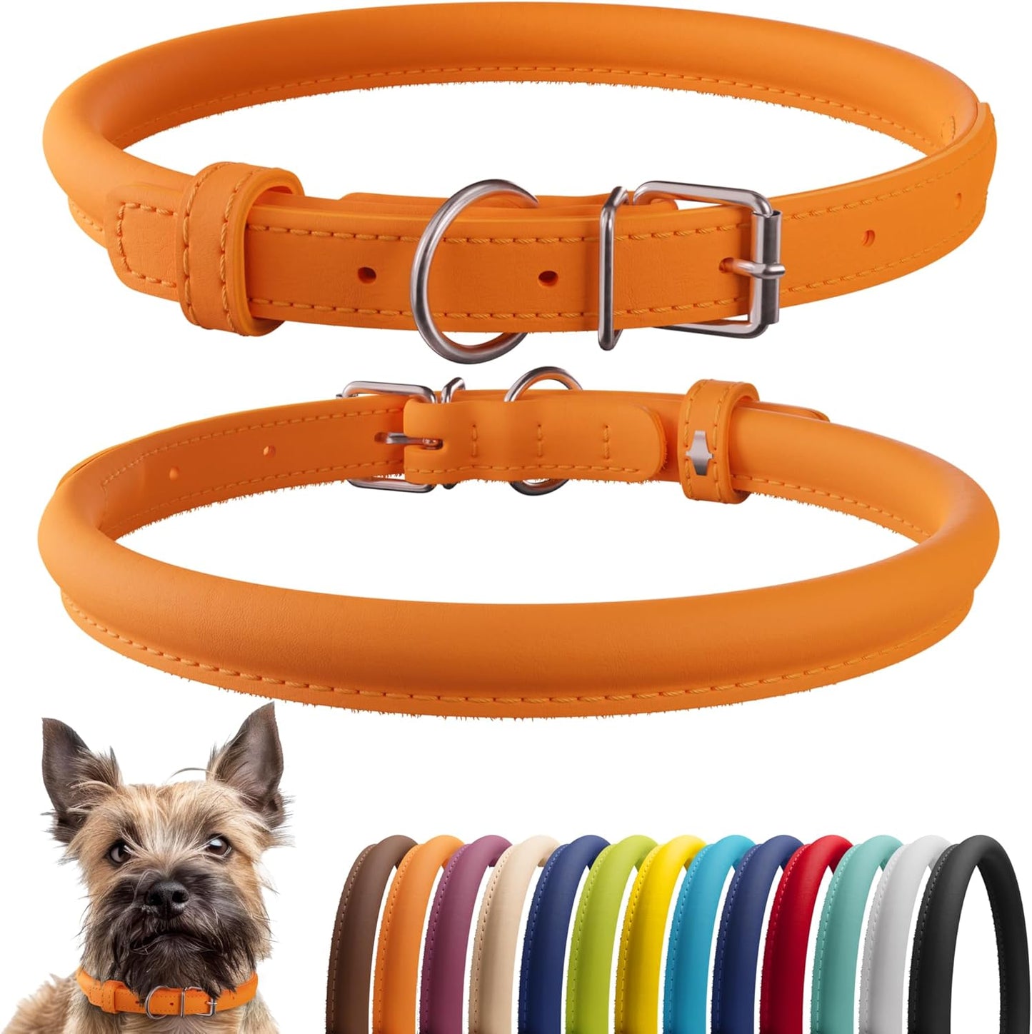 CollarDirect Rolled Leather Dog Collar, Soft Padded Round Puppy Collar, Handmade Genuine Leather Collar Dog Small Large Cat Collars 13 Colors (6-7 Inch, Orange Smooth)