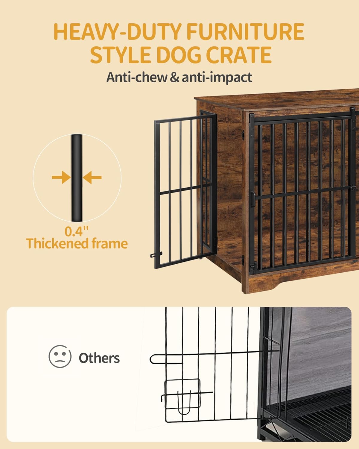 XXL Large Dog Crate Furniture, 46.9" Indoor Dog Kennel Furniture with Barn Door, Wooden Tall Dog Crate, Heavy Duty Dog Cage for Large Dogs, Side End Table, Anti-Chew, Rustic Brown DFC83801B