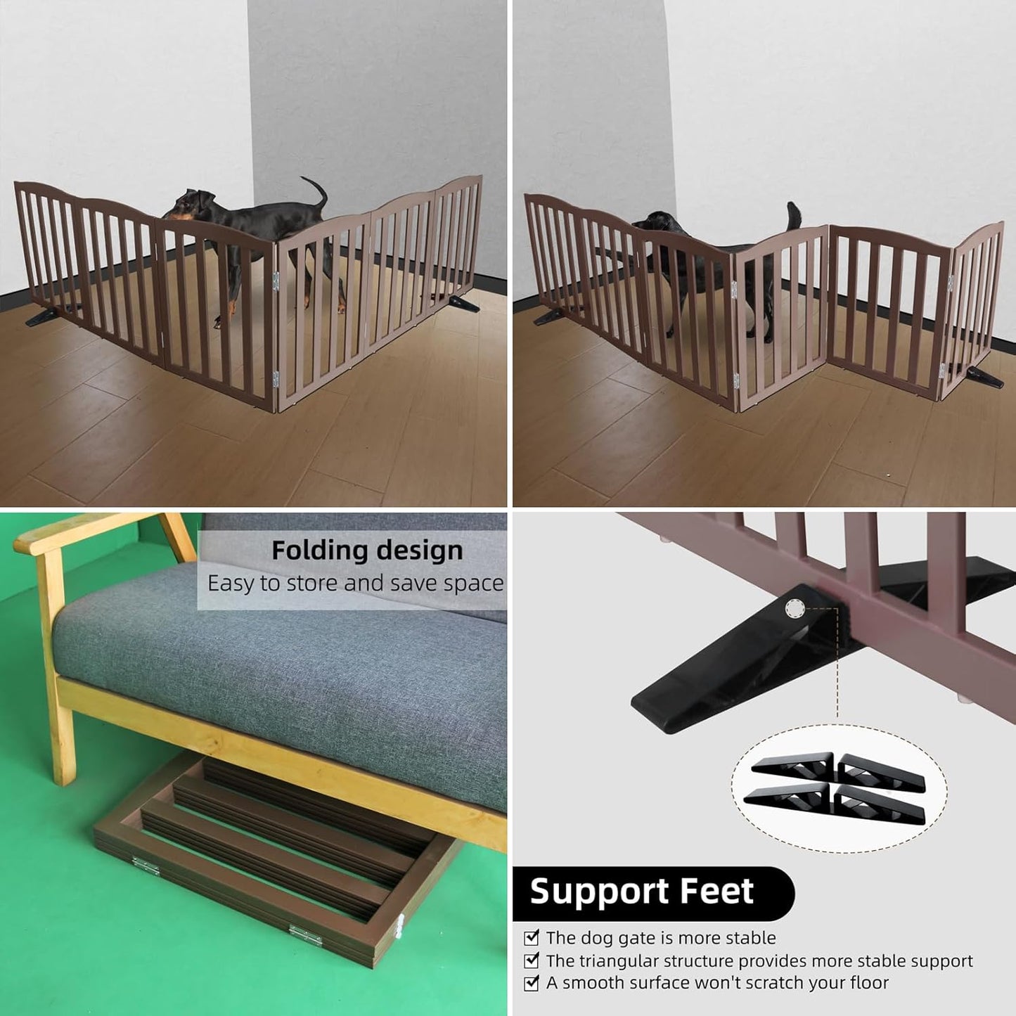 ZJSF Foldable Freestanding Indoor Dog Gate for House Wood Long Pet Gates Dog Fence for Stairs Puppy Gates for Hallways, Puppy Gate,Support Feet Included, Brown, 32 "Height-6 Panels